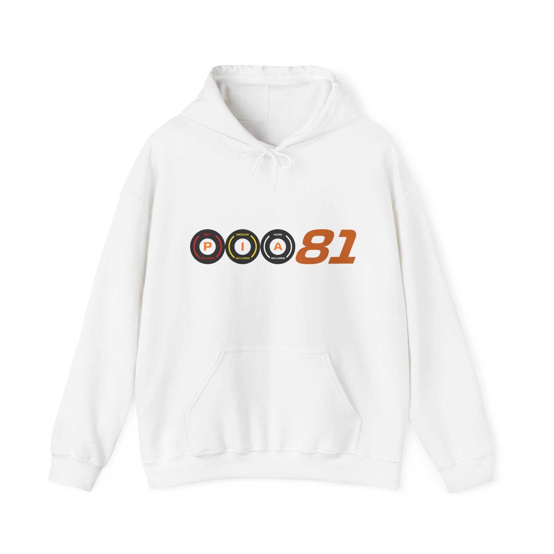 Papaya orange racing-inspired fleece hoodie with a Grand Prix aesthetic. Perfect for motorsport fans and racing enthusiasts.