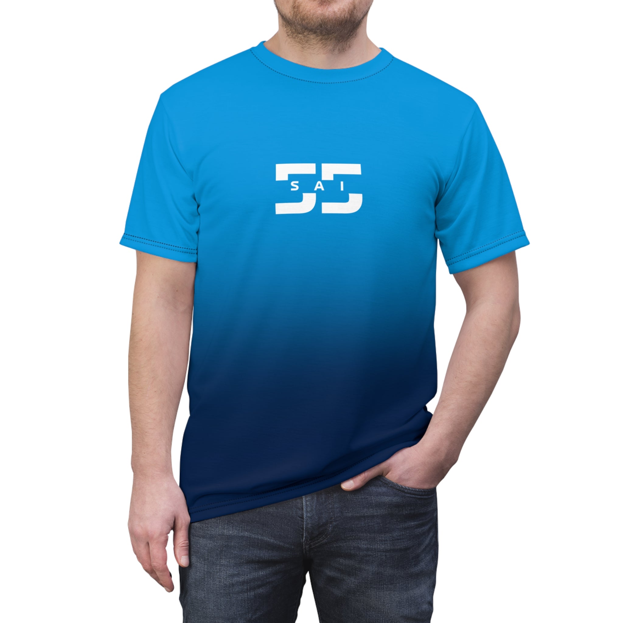 Azure blue and red racing-inspired unisex cut & sew tee with a motorsport aesthetic. Perfect for Grand Prix fans and speed enthusiasts.