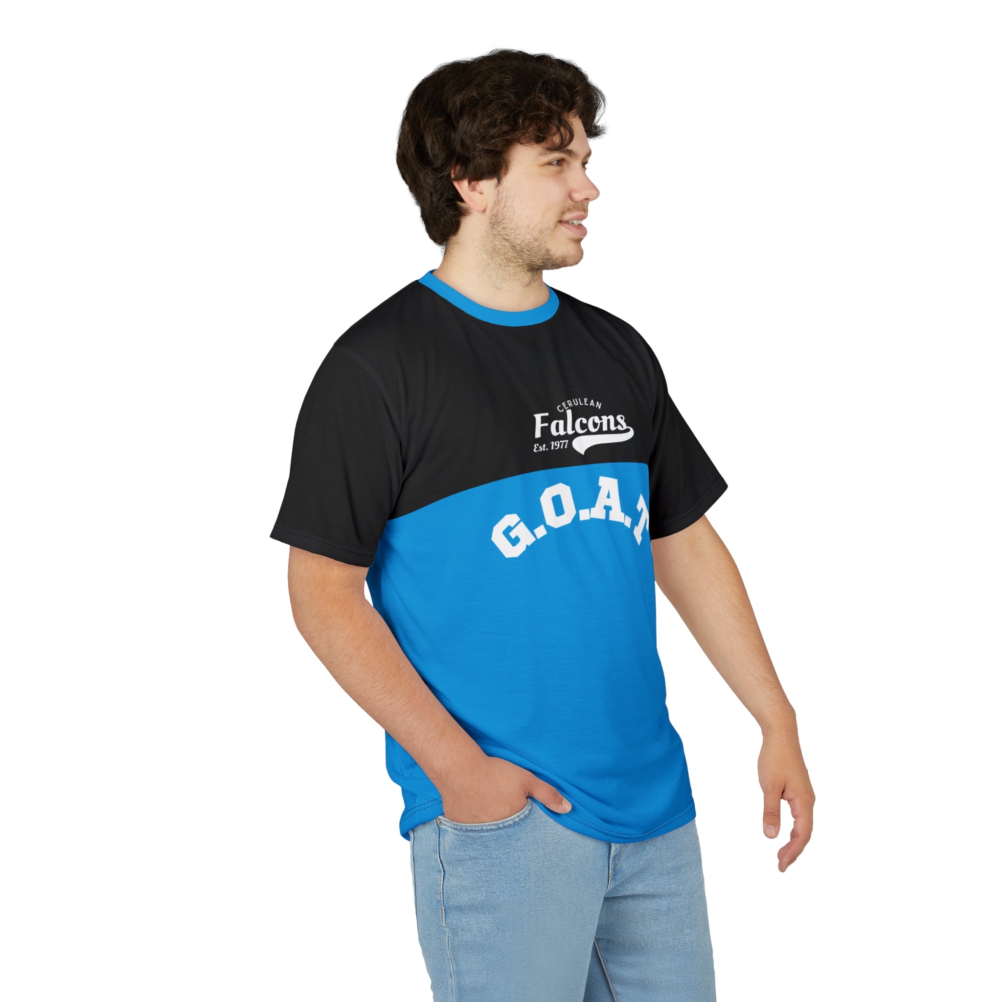 Azure blue and red racing-inspired unisex active jersey with a motorsport aesthetic. Perfect for Grand Prix fans and speed enthusiasts.