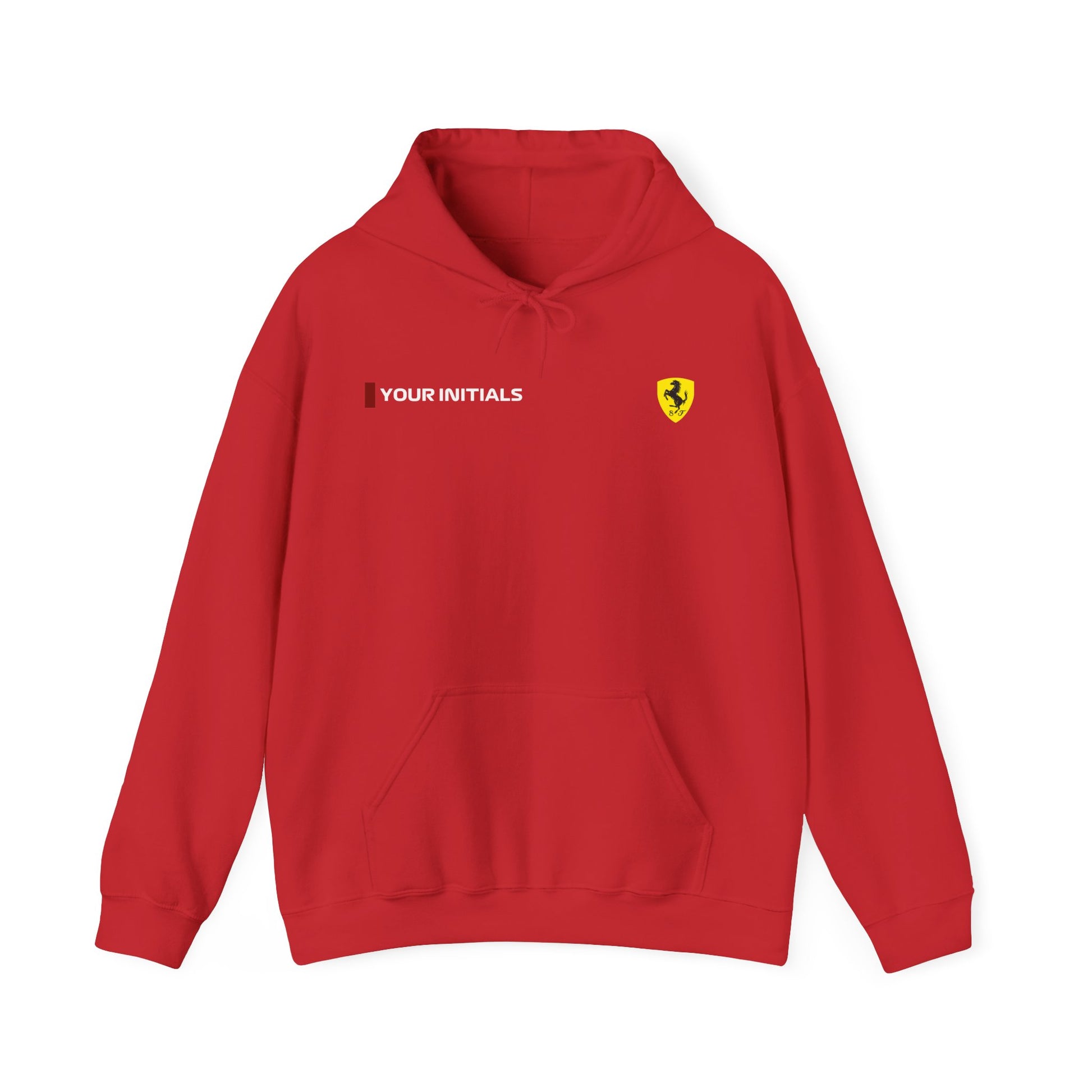 Rosso red racing-inspired hoodie with a motorsport aesthetic, custom initials, and heavyweight comfort. Perfect for Grand Prix fans and speed enthusiasts.