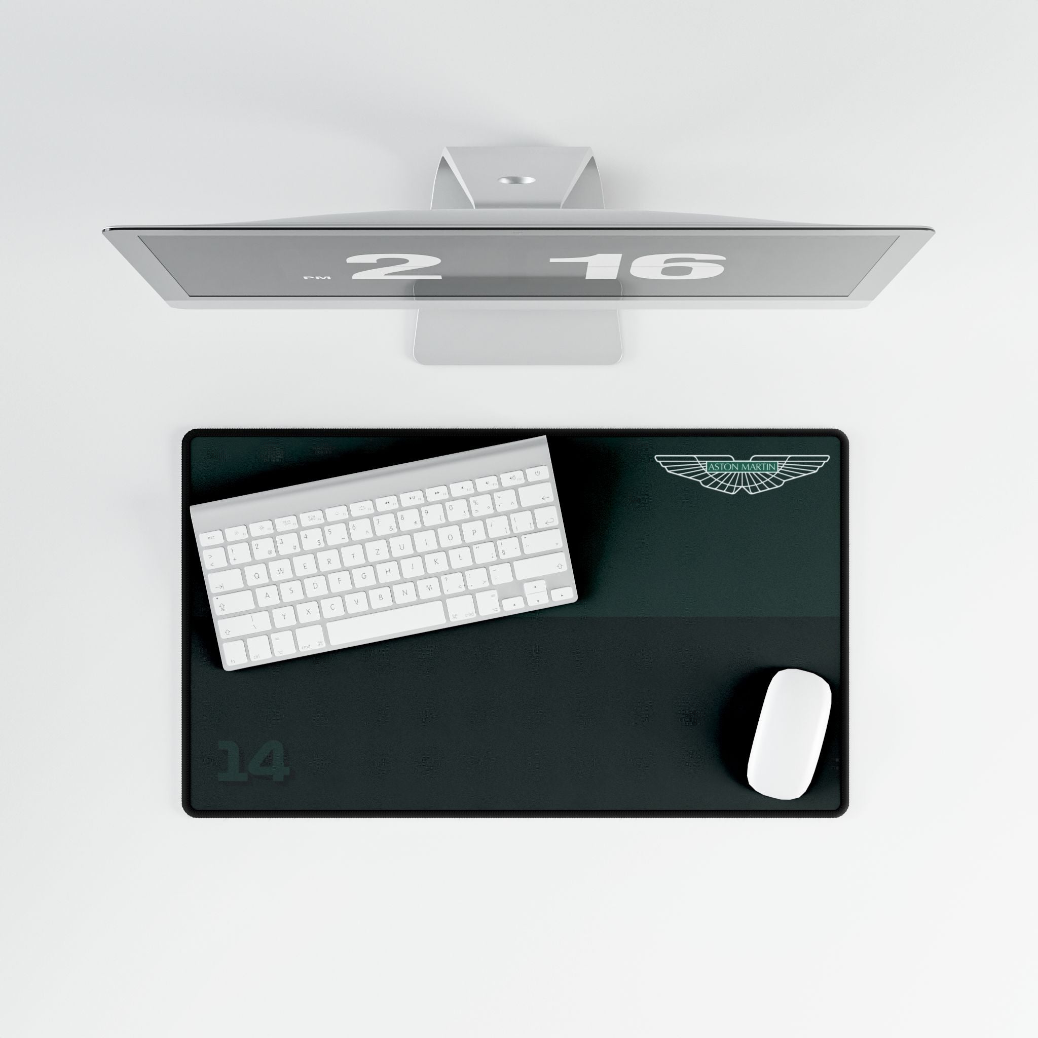 Green racing-inspired desk mat featuring a sleek Grand Prix aesthetic. Ideal for motorsport fans and home office setups.