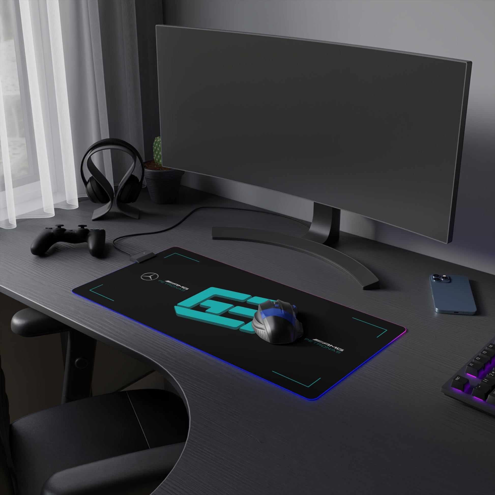 Silver and black racing-inspired gaming mouse pad with a high-precision surface and sleek motorsport aesthetic. Inspired by tire management and elite control.