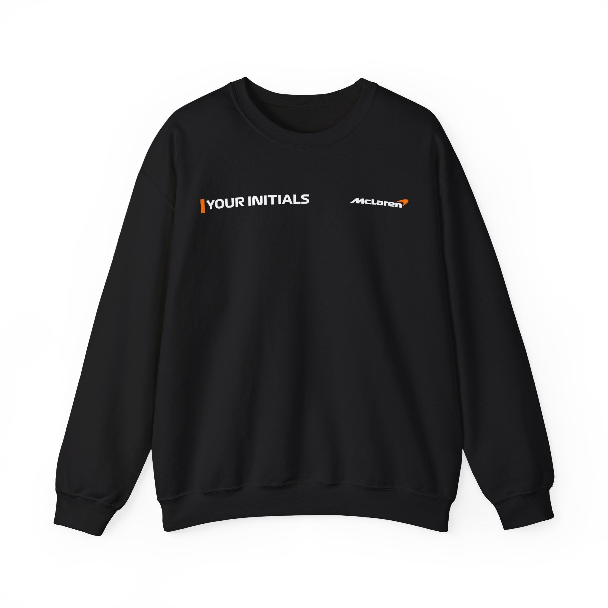 Papaya orange racing-inspired crewneck sweatshirt with a motorsport aesthetic, custom initials, and heavyweight comfort. Perfect for Grand Prix fans and speed enthusiasts.