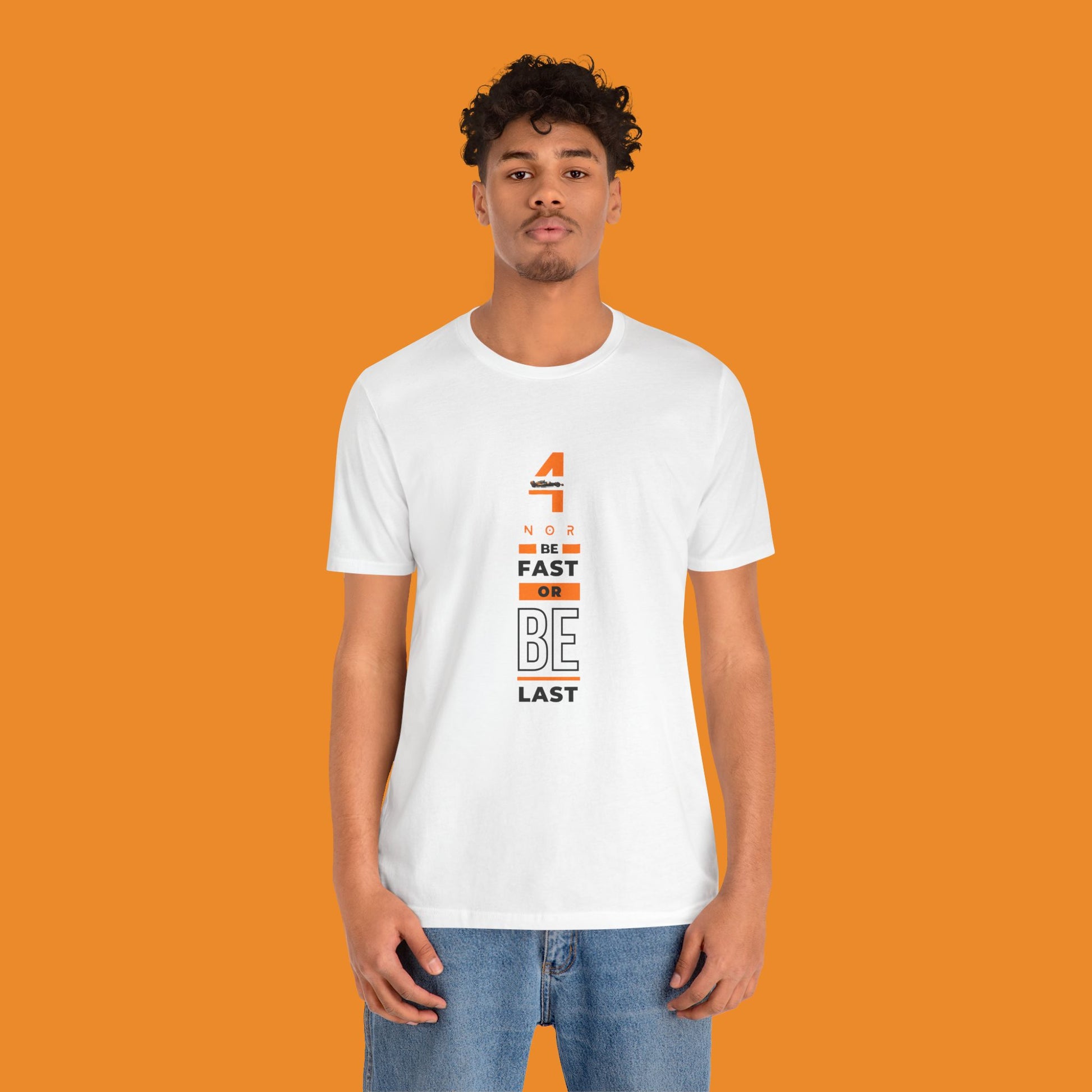 Papaya orange racing-inspired unisex short sleeve tee with a motorsport aesthetic. Perfect for Grand Prix fans and speed enthusiasts.