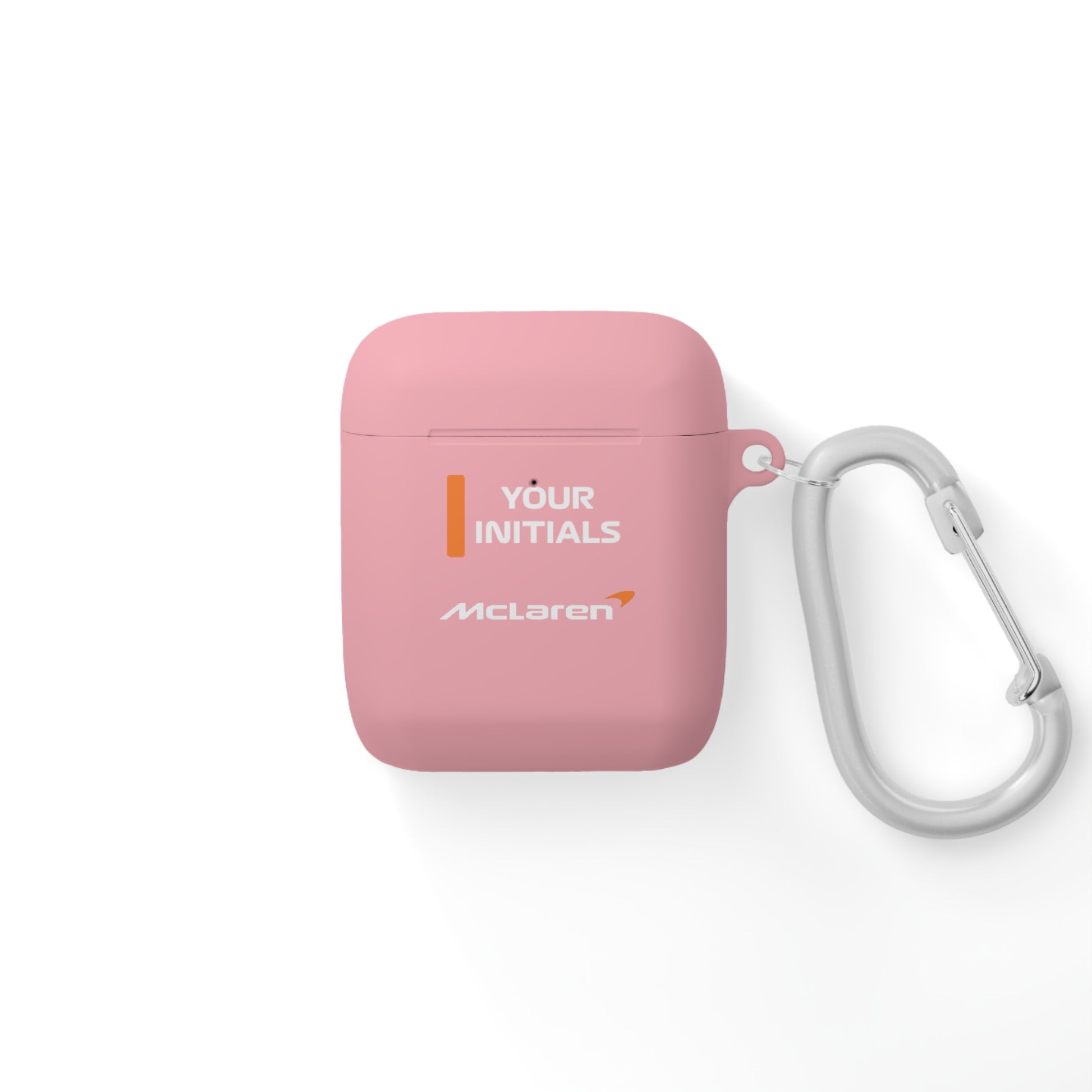 Papaya Orange racing-inspired AirPods case with shockproof protection, perfect for motorsport enthusiasts and Grand Prix fans. Custom initials option available.