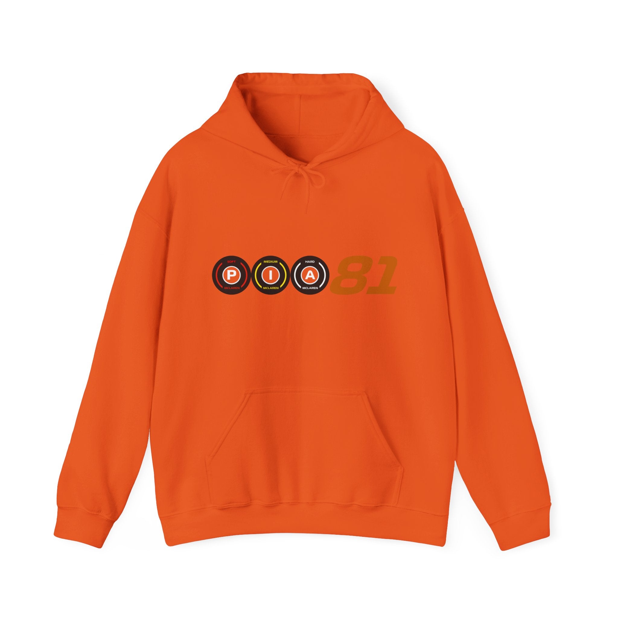 Papaya orange racing-inspired fleece hoodie with a Grand Prix aesthetic. Perfect for motorsport fans and racing enthusiasts.