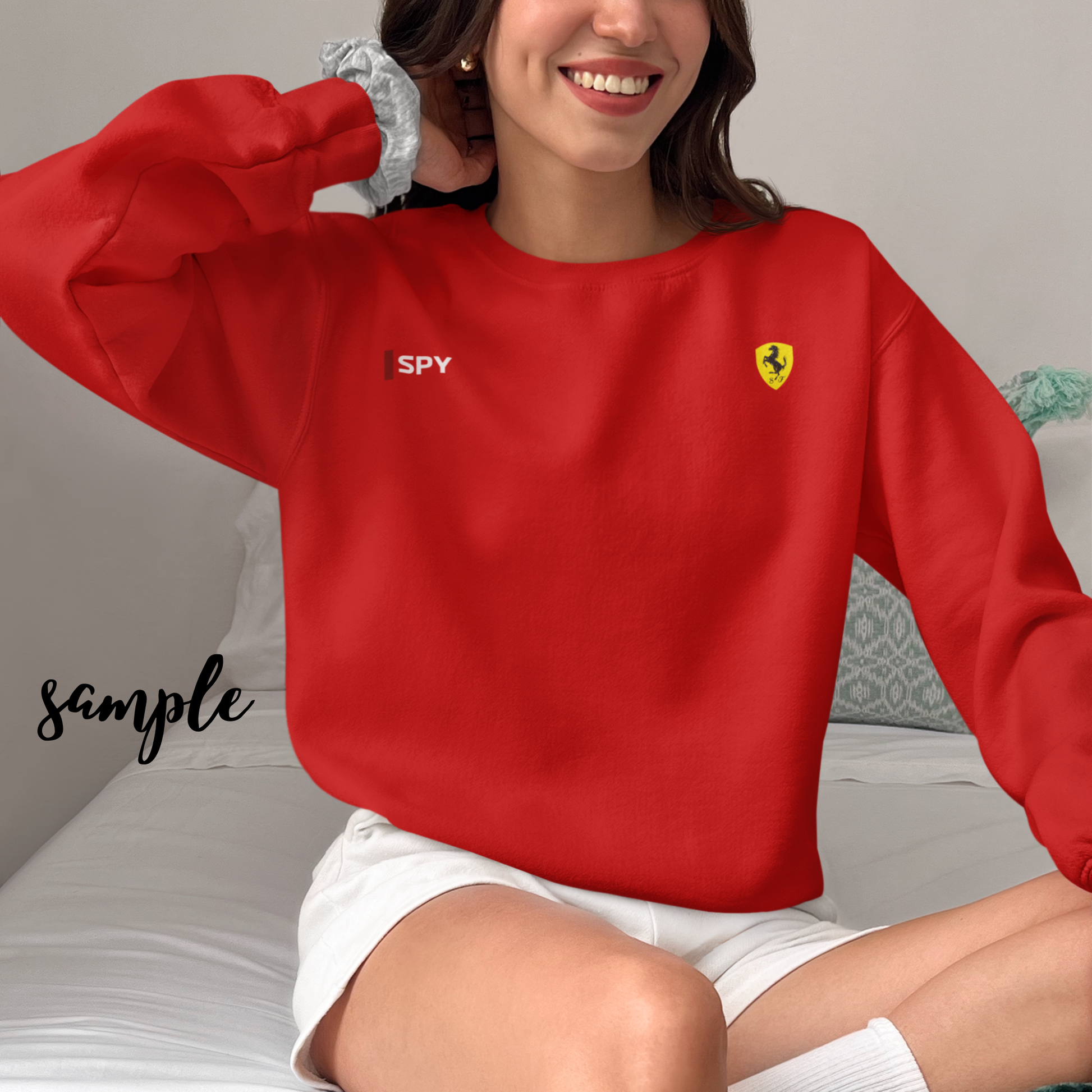 Rosso red racing-inspired unisex crewneck sweatshirt with a motorsport aesthetic. Perfect for Grand Prix fans and speed enthusiasts.