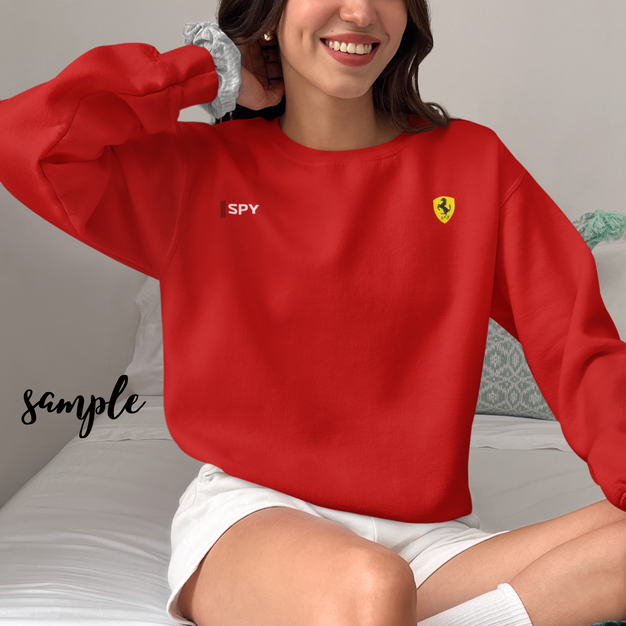 Rosso red racing-inspired unisex crewneck sweatshirt with a motorsport aesthetic. Perfect for Grand Prix fans and speed enthusiasts.