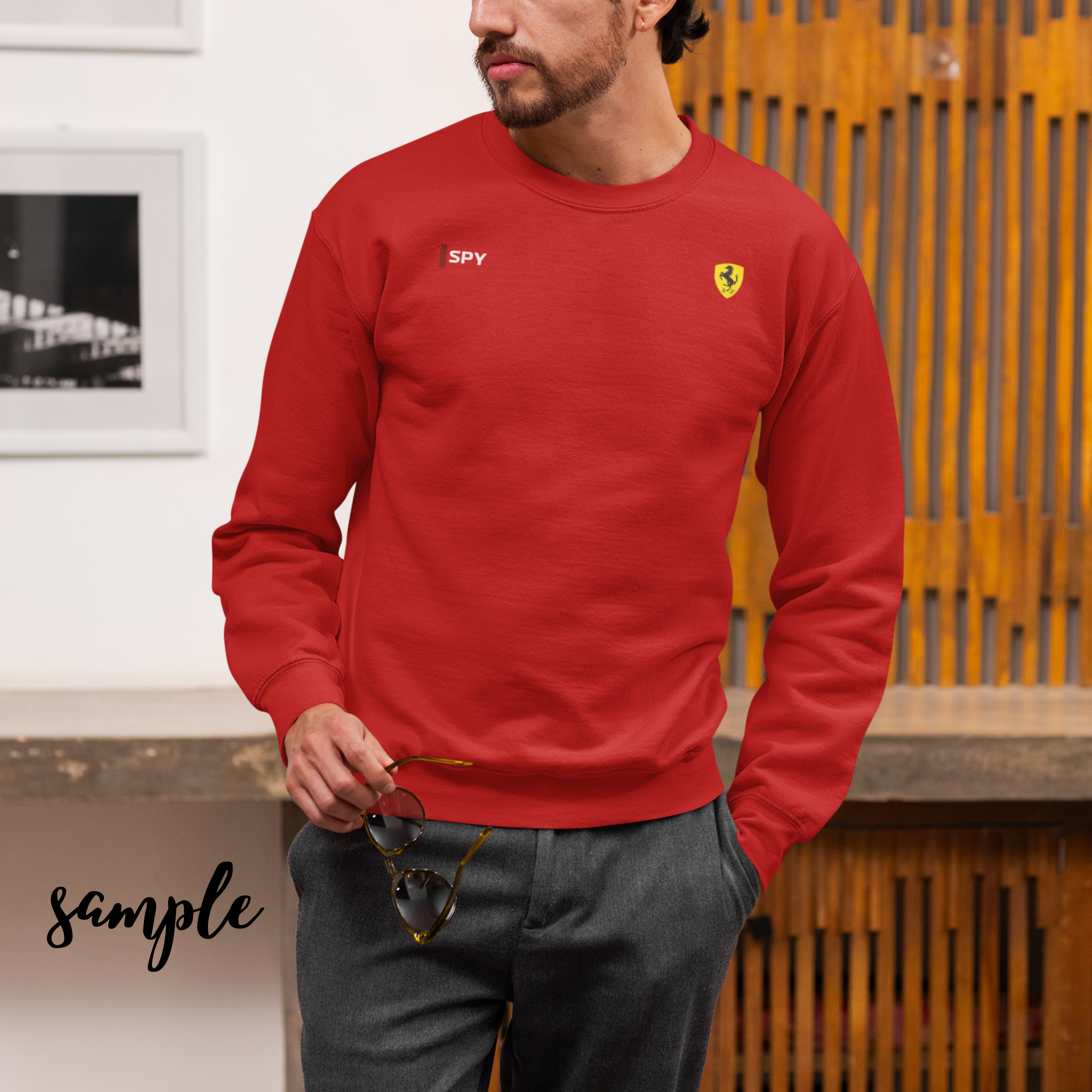 Rosso red racing-inspired unisex crewneck sweatshirt with a motorsport aesthetic. Perfect for Grand Prix fans and speed enthusiasts.