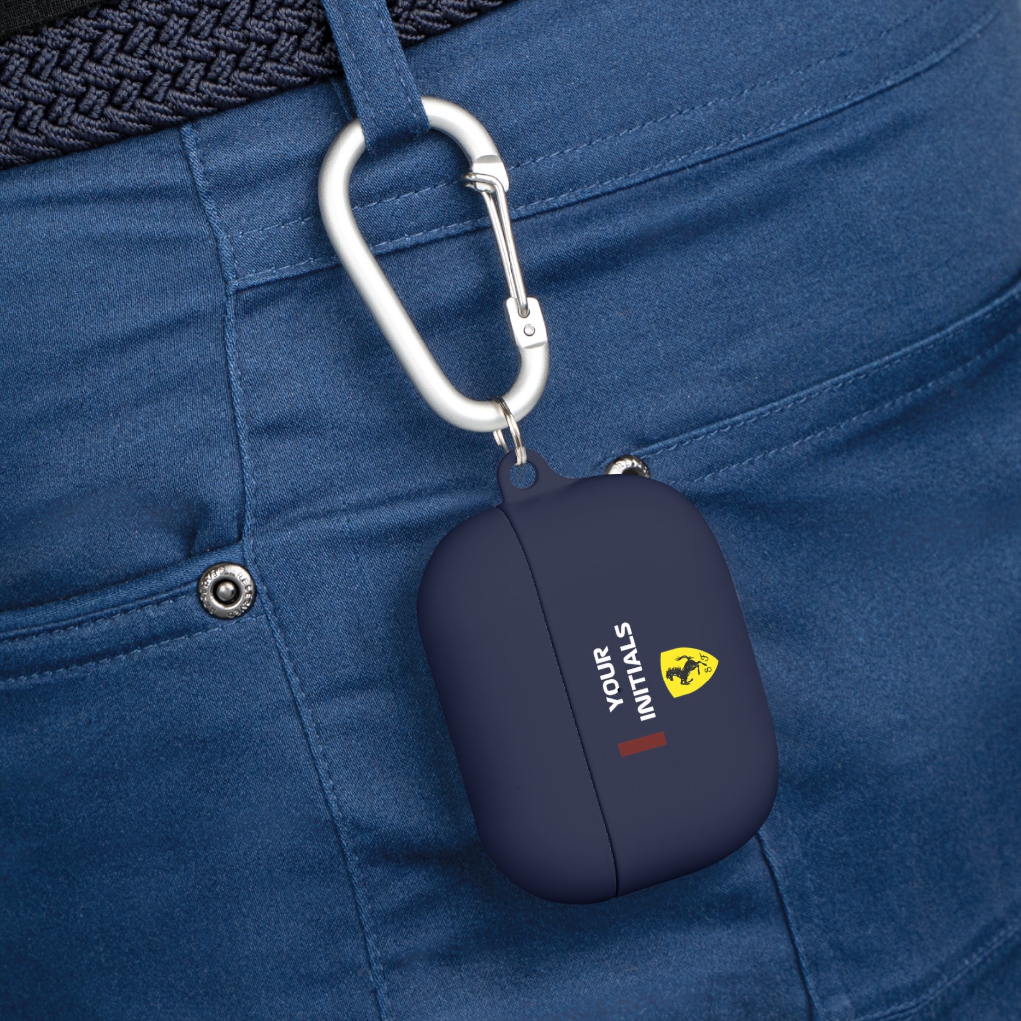 Bold red racing-inspired AirPods case with custom initials, inspired by Grand Prix heritage and Italian motorsport legends. Perfect for racing enthusiasts and supercar fans.