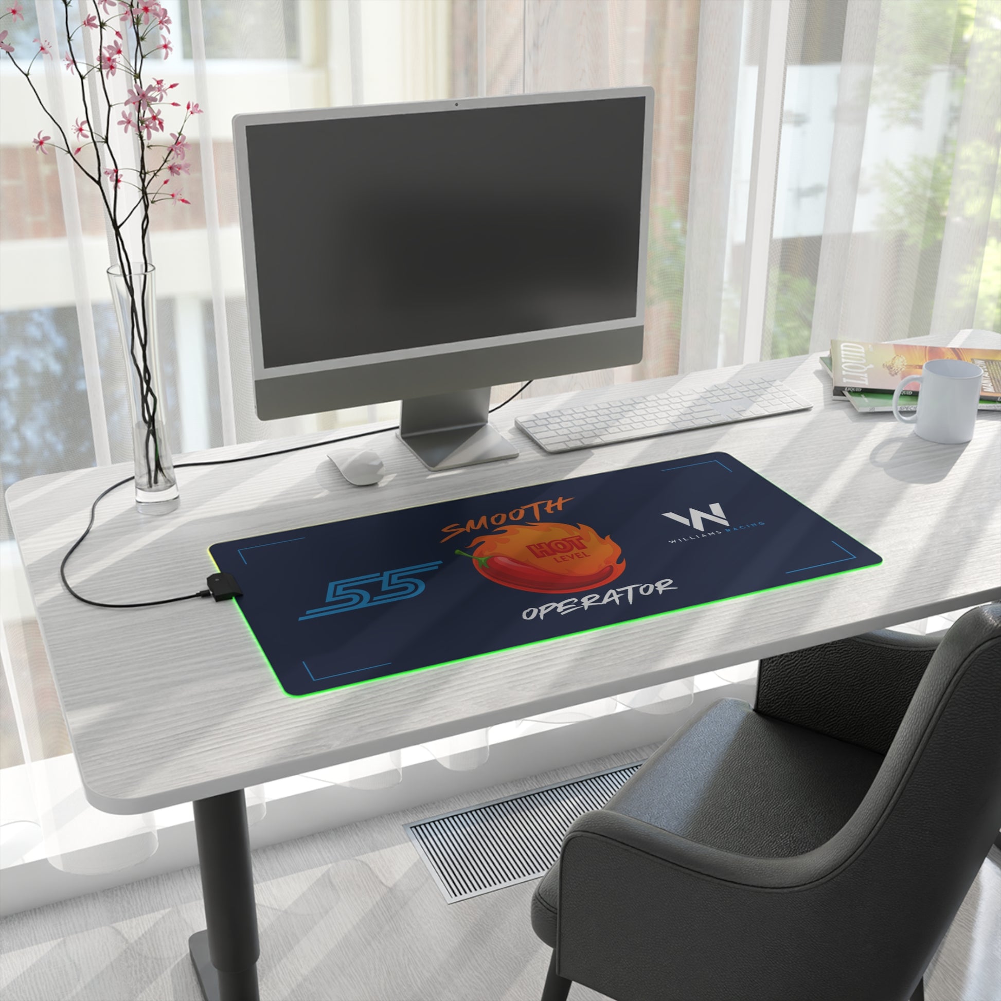 Red and white racing-inspired gaming mouse pad with smooth finish and bold motorsport design. Perfect for F1 fans and sim racers.