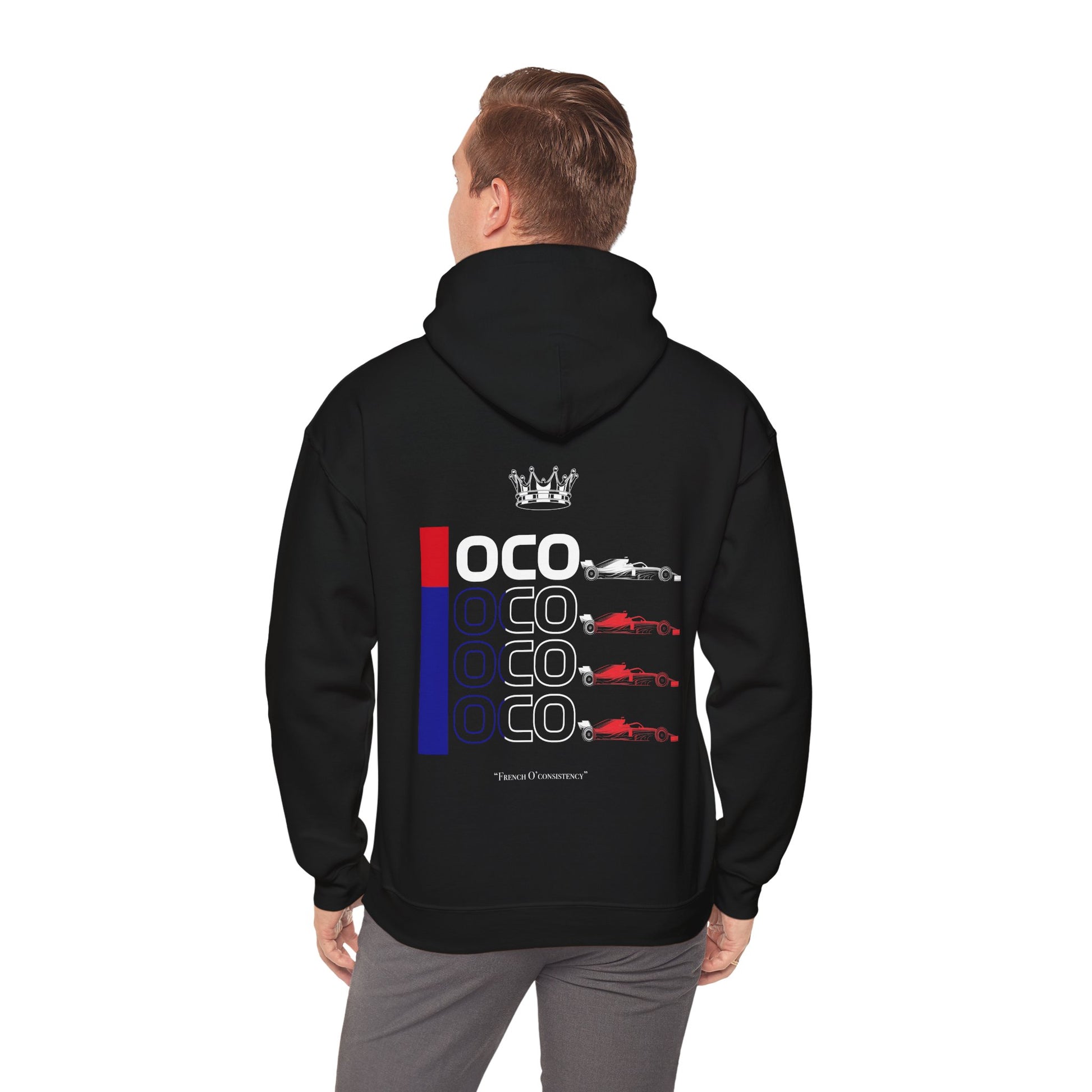 Black racing-inspired hoodie with bold French-style motorsport theme. Cozy fleece design with a consistent racing energy.