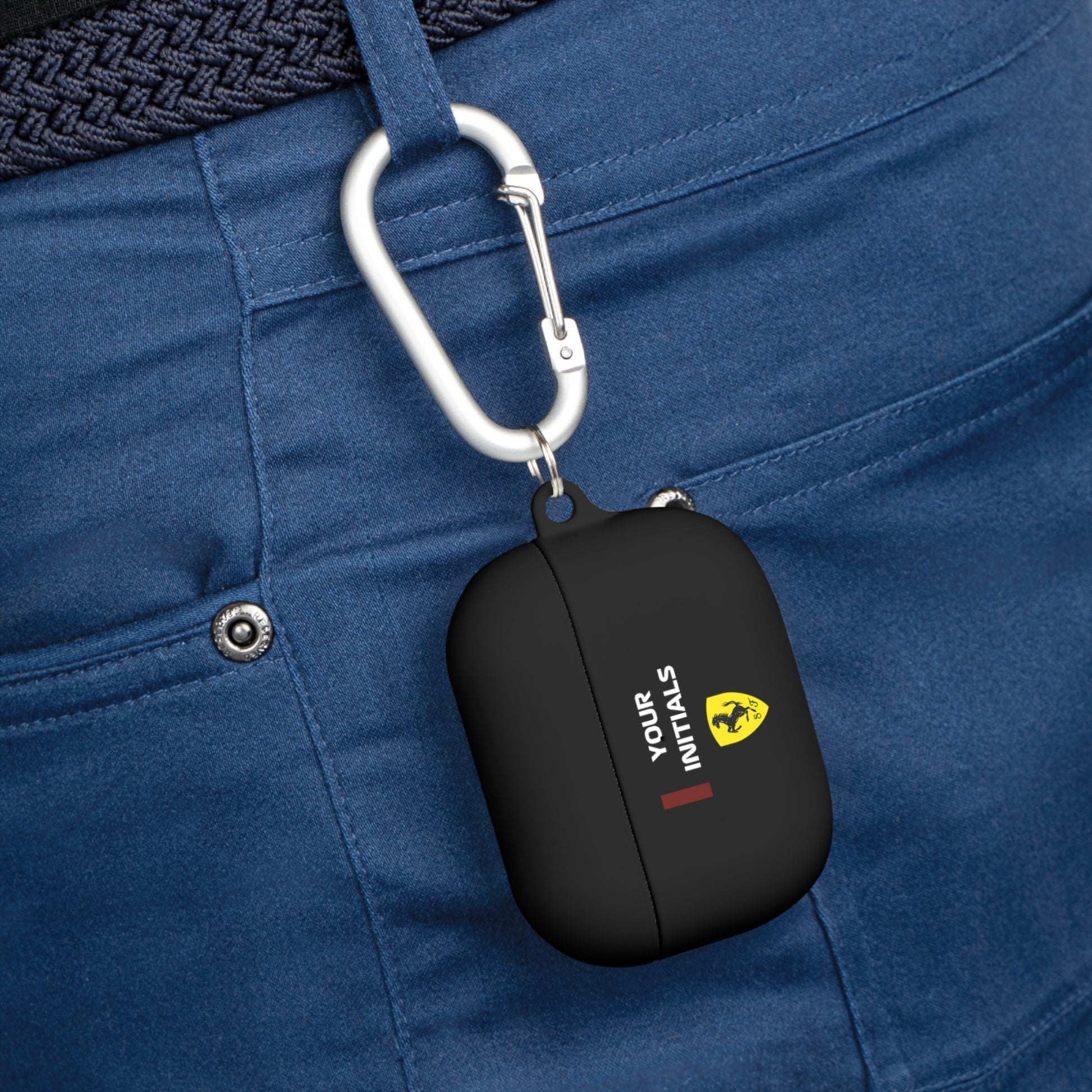 Bold red racing-inspired AirPods case with custom initials, inspired by Grand Prix heritage and Italian motorsport legends. Perfect for racing enthusiasts and supercar fans.