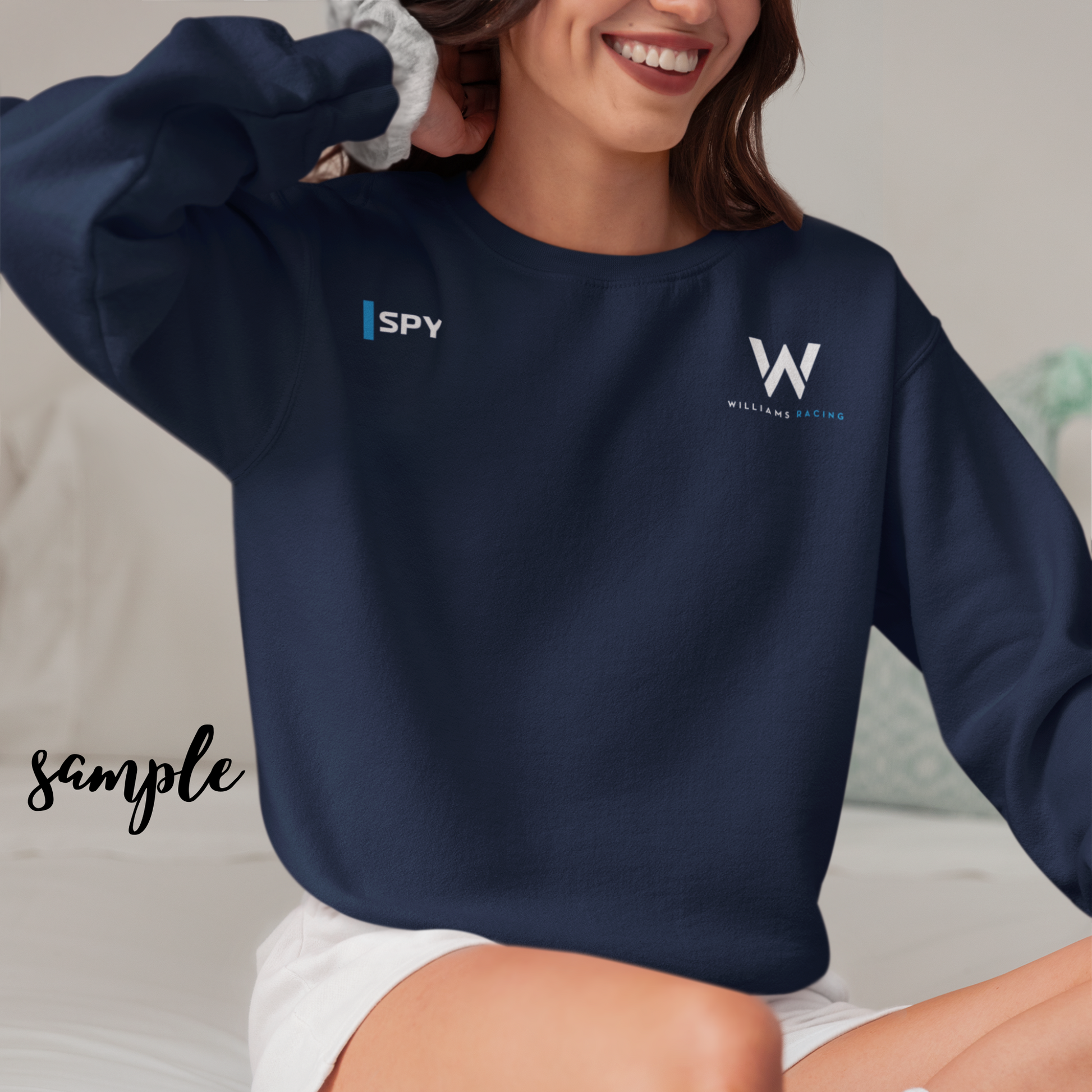 Azure blue racing-inspired crewneck sweatshirt with a motorsport aesthetic, custom initials, and heavyweight comfort. Perfect for Grand Prix fans and speed enthusiasts.