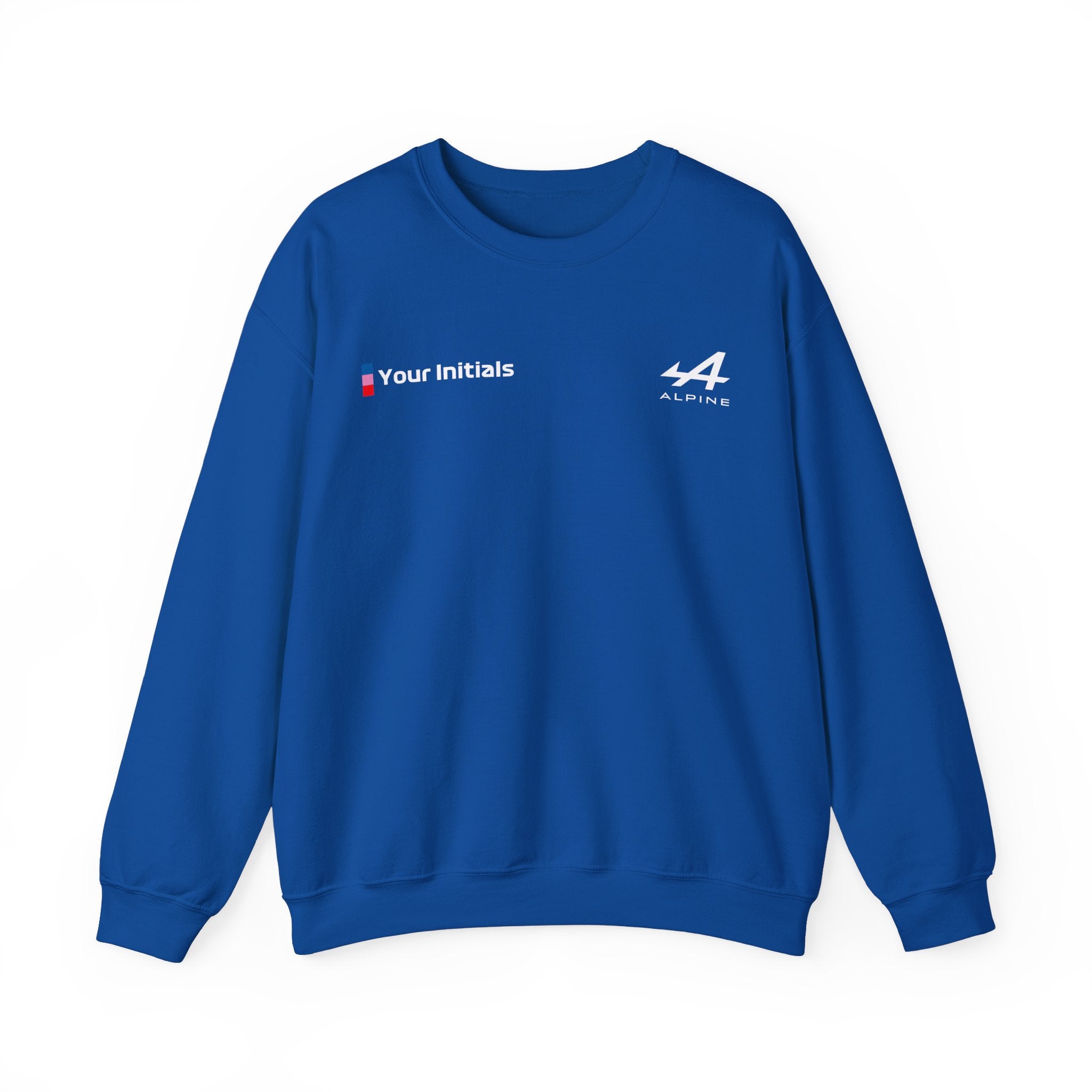 Blue racing-inspired unisex crewneck sweatshirt with a sleek Grand Prix aesthetic and custom initials option. Ideal for motorsport fans.