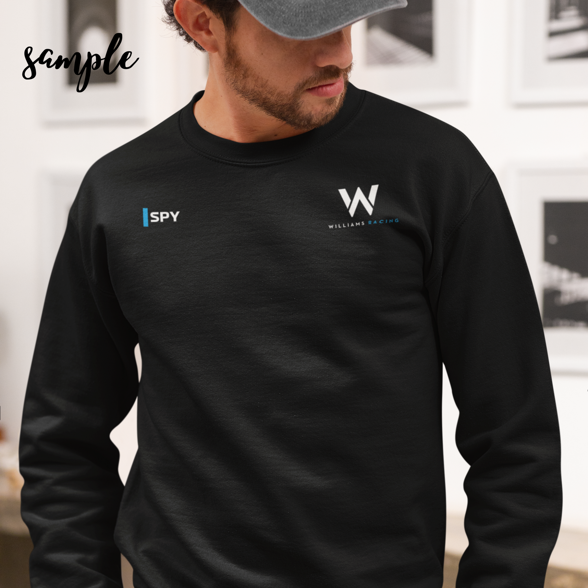 Azure blue racing-inspired crewneck sweatshirt with a motorsport aesthetic, custom initials, and heavyweight comfort. Perfect for Grand Prix fans and speed enthusiasts.