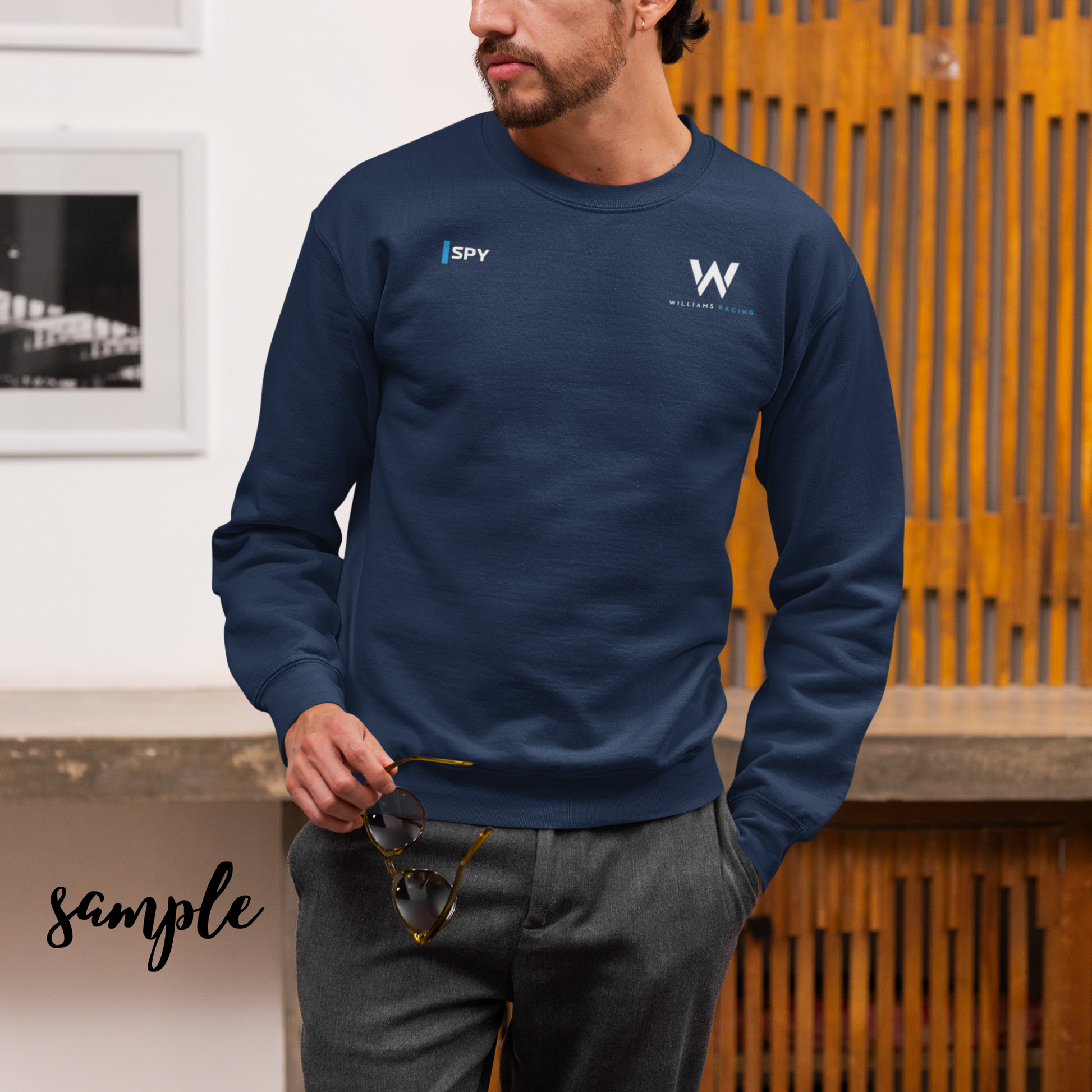 Azure blue racing-inspired crewneck sweatshirt with a motorsport aesthetic, custom initials, and heavyweight comfort. Perfect for Grand Prix fans and speed enthusiasts.