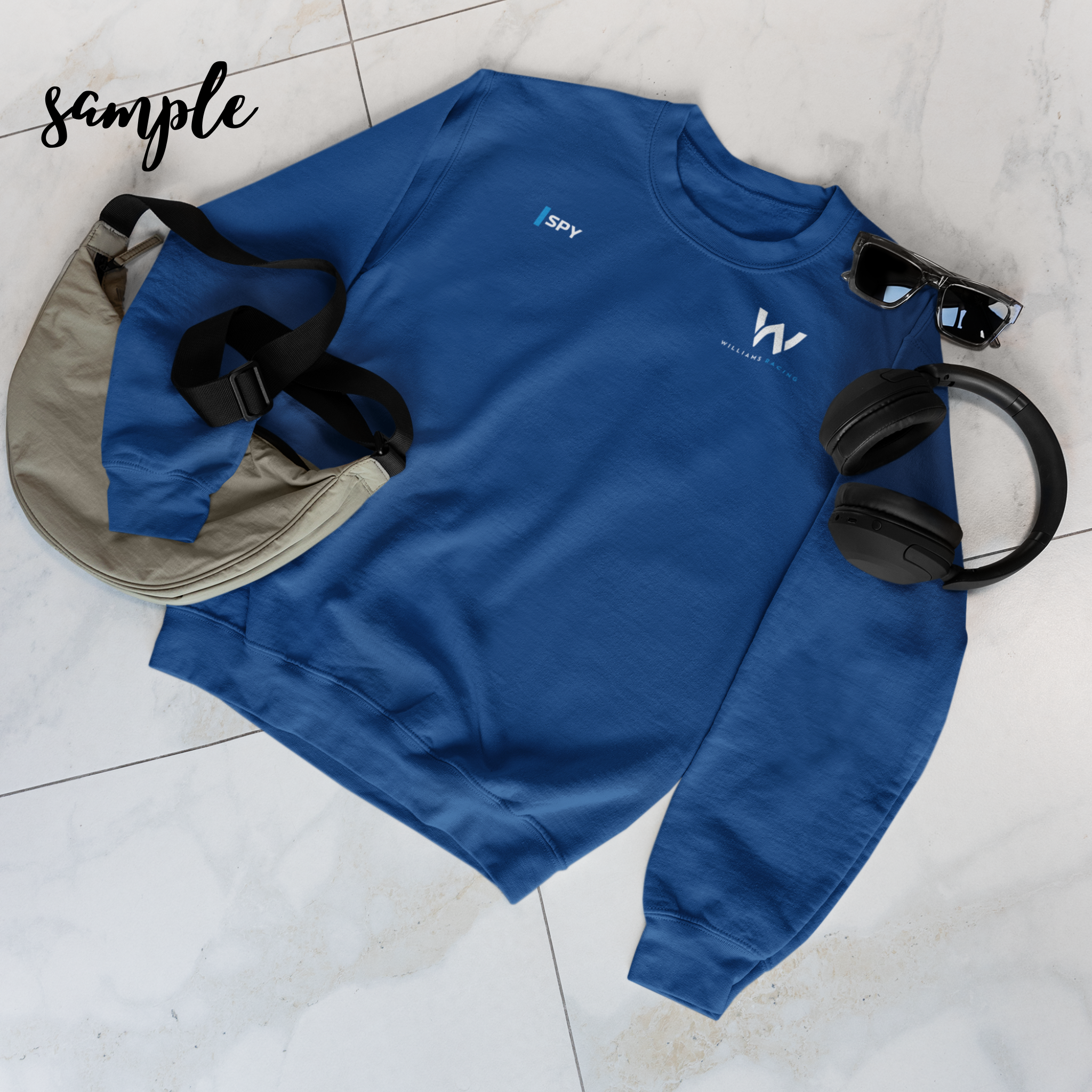 Azure blue racing-inspired crewneck sweatshirt with a motorsport aesthetic, custom initials, and heavyweight comfort. Perfect for Grand Prix fans and speed enthusiasts.