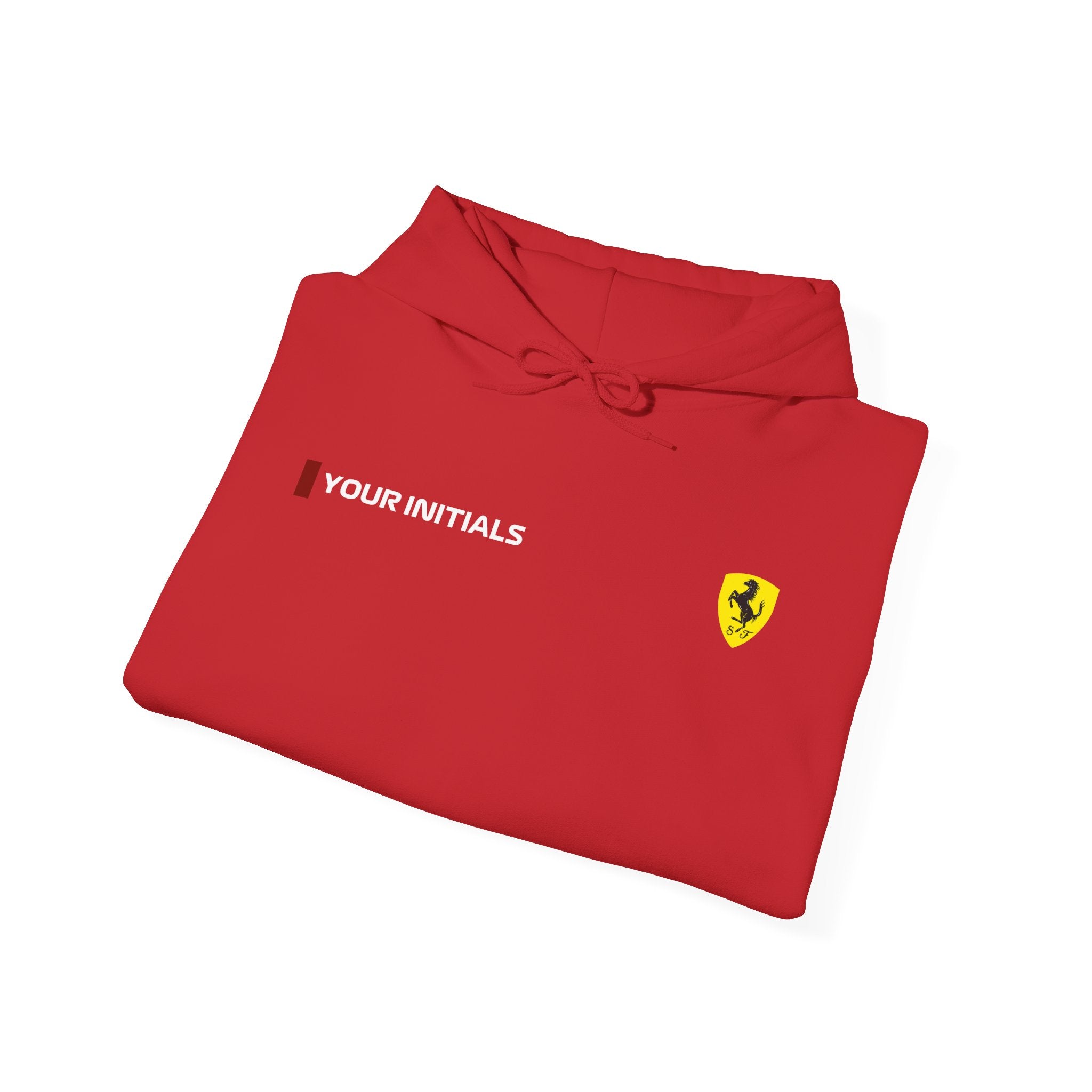 Rosso red racing-inspired hoodie with a motorsport aesthetic, custom initials, and heavyweight comfort. Perfect for Grand Prix fans and speed enthusiasts.