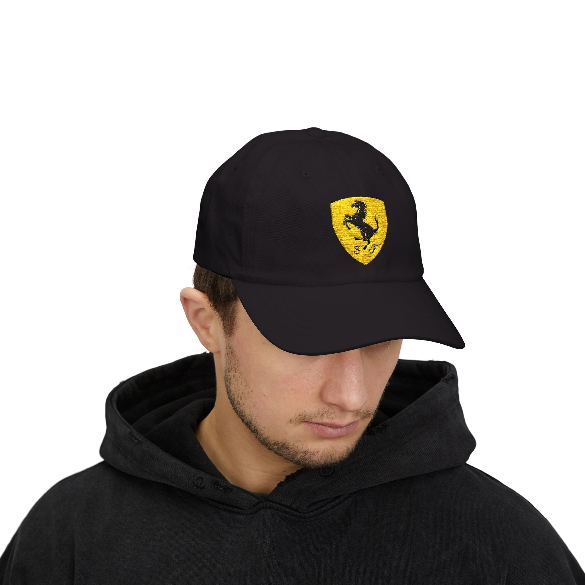 Red racing-inspired embroidered cap with a curved brim. Perfect for motorsport fans and race-day outfits.