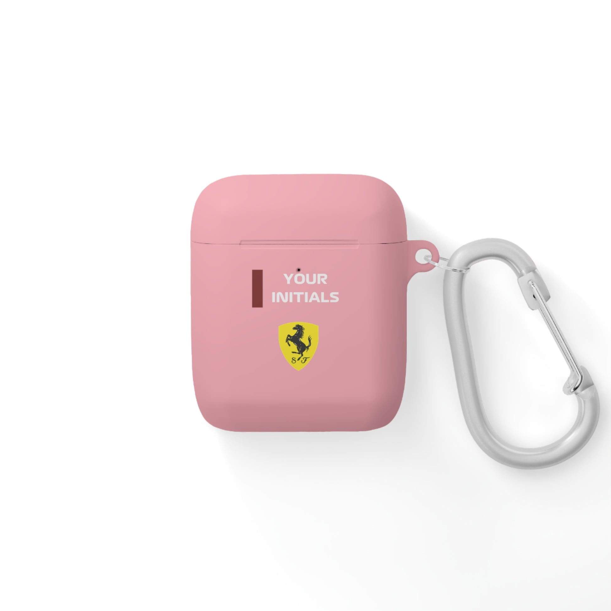 Bold red racing-inspired AirPods case with custom initials, inspired by Grand Prix heritage and Italian motorsport legends. Perfect for racing enthusiasts and supercar fans.