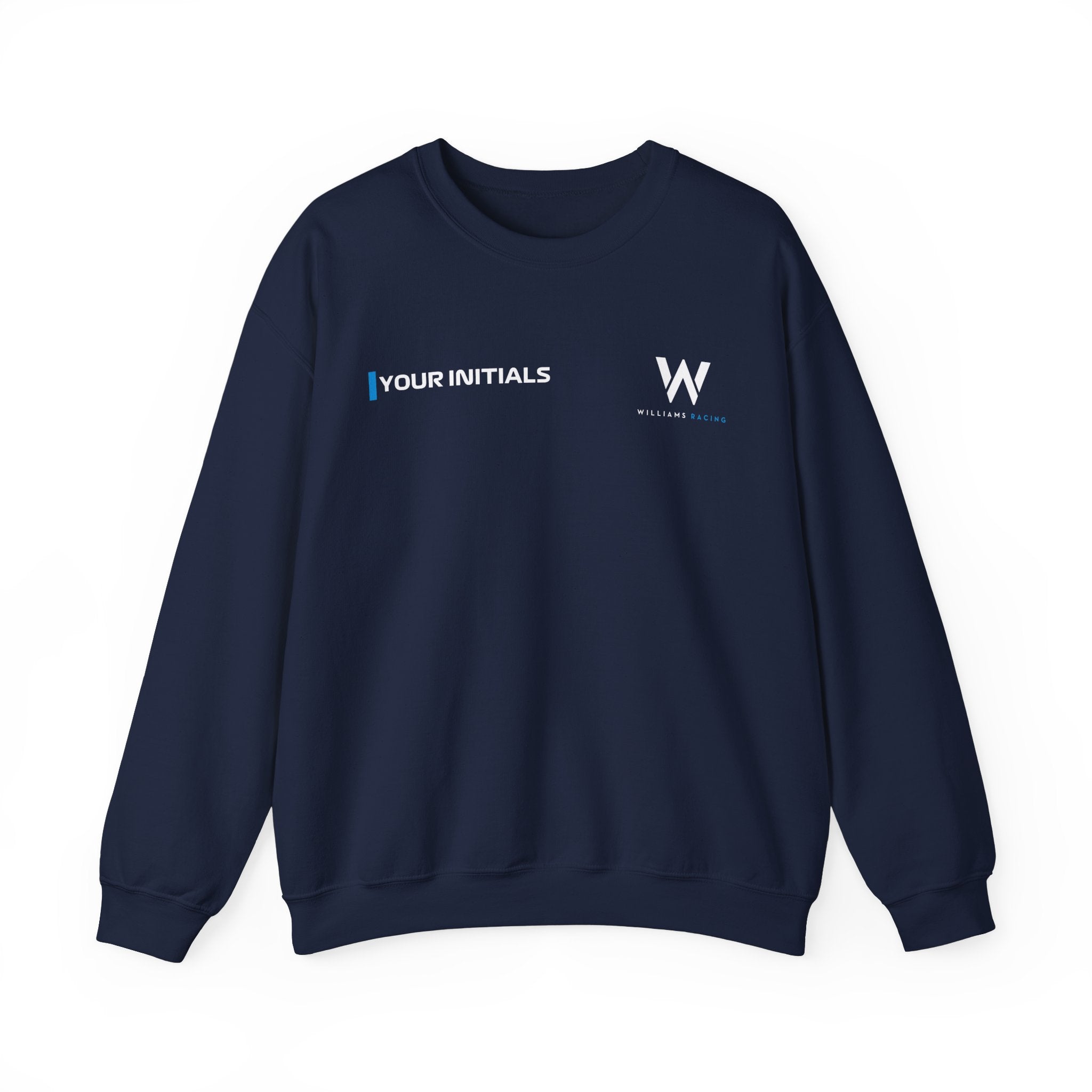 Azure blue racing-inspired crewneck sweatshirt with a motorsport aesthetic, custom initials, and heavyweight comfort. Perfect for Grand Prix fans and speed enthusiasts.