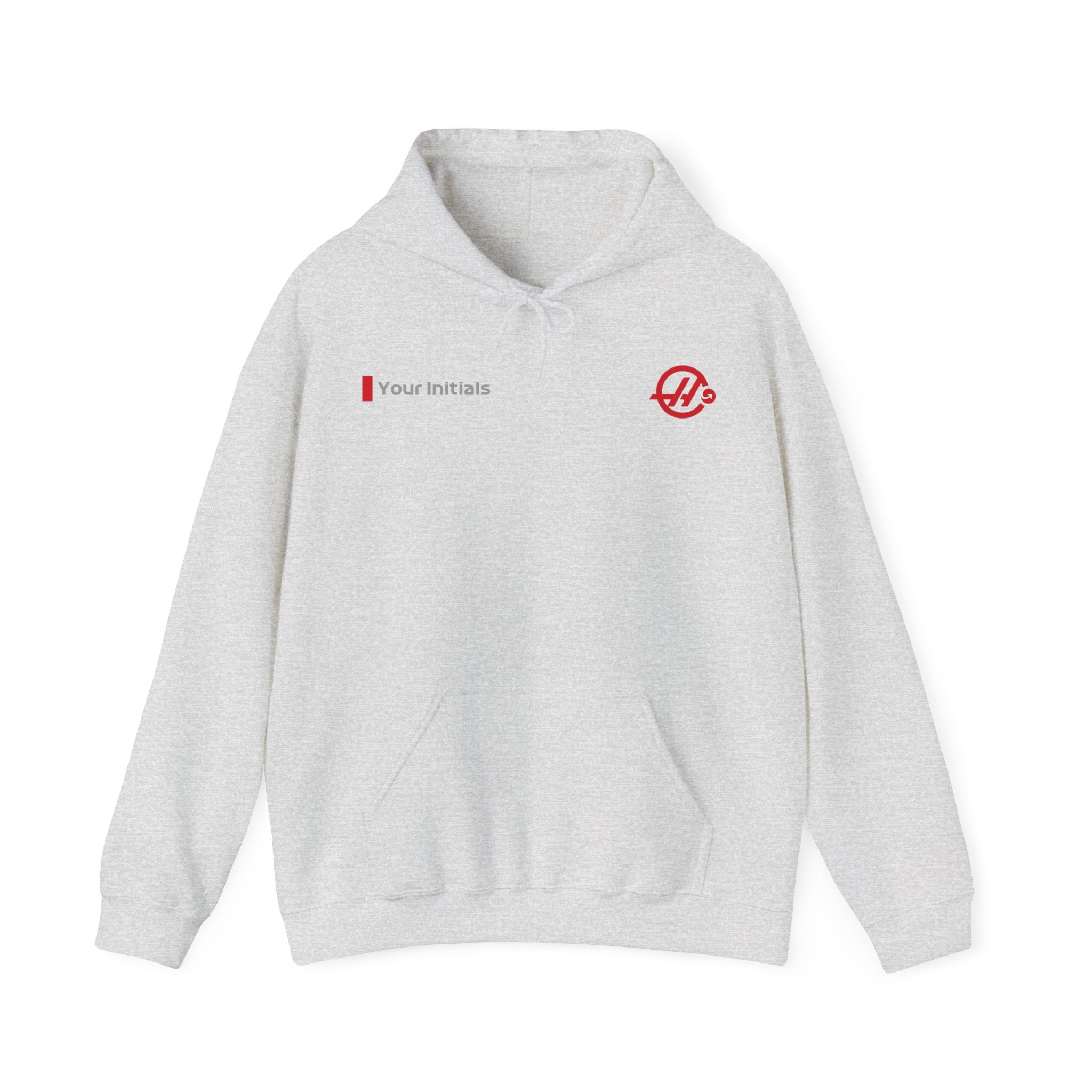 White and red racing-inspired unisex hoodie with a sleek Grand Prix aesthetic and custom initials option. Ideal for motorsport fans.