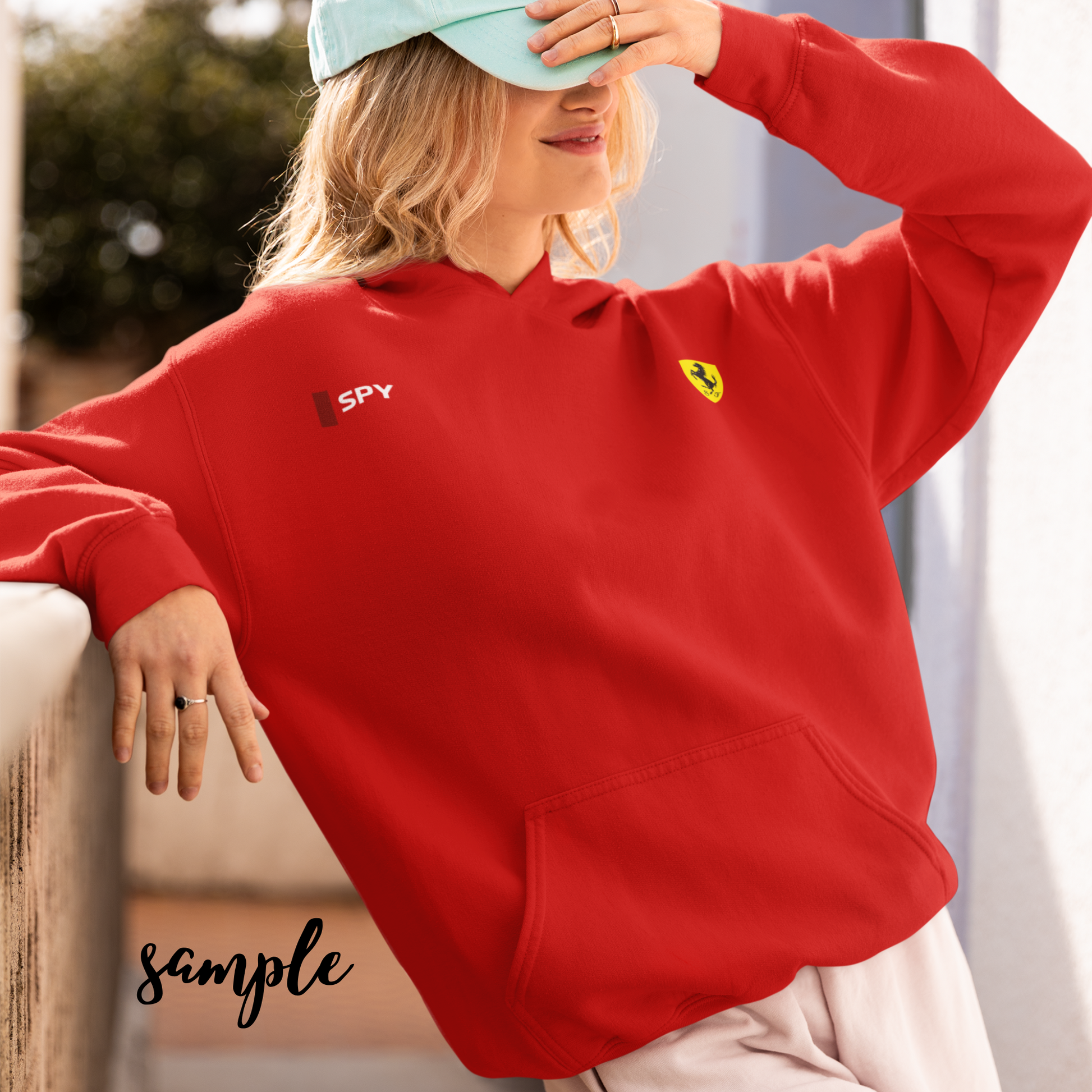 Rosso red racing-inspired hoodie with a motorsport aesthetic, custom initials, and heavyweight comfort. Perfect for Grand Prix fans and speed enthusiasts.