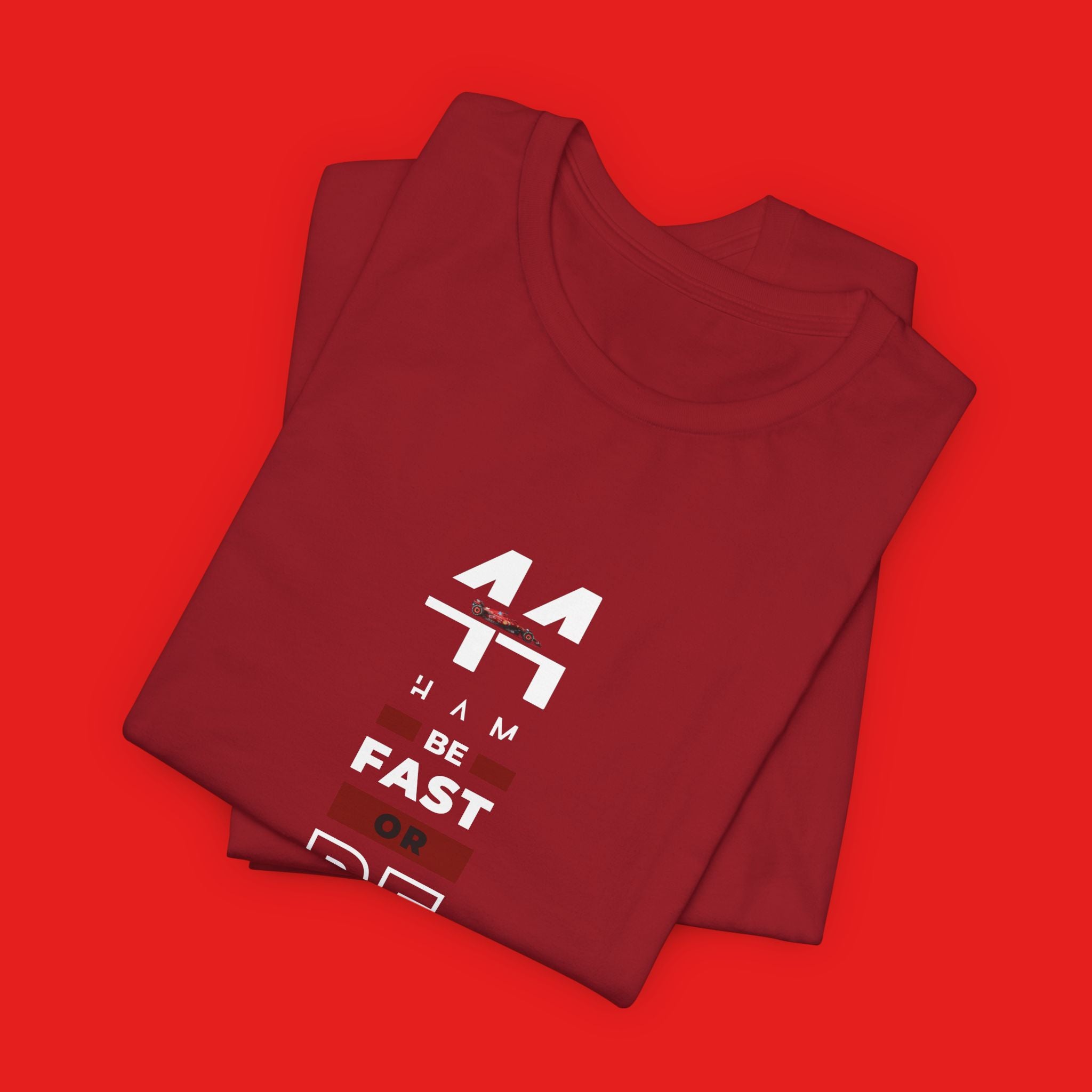 Rosso red and silver racing-inspired unisex short sleeve tee with a motorsport aesthetic. Perfect for Grand Prix fans and speed enthusiasts.