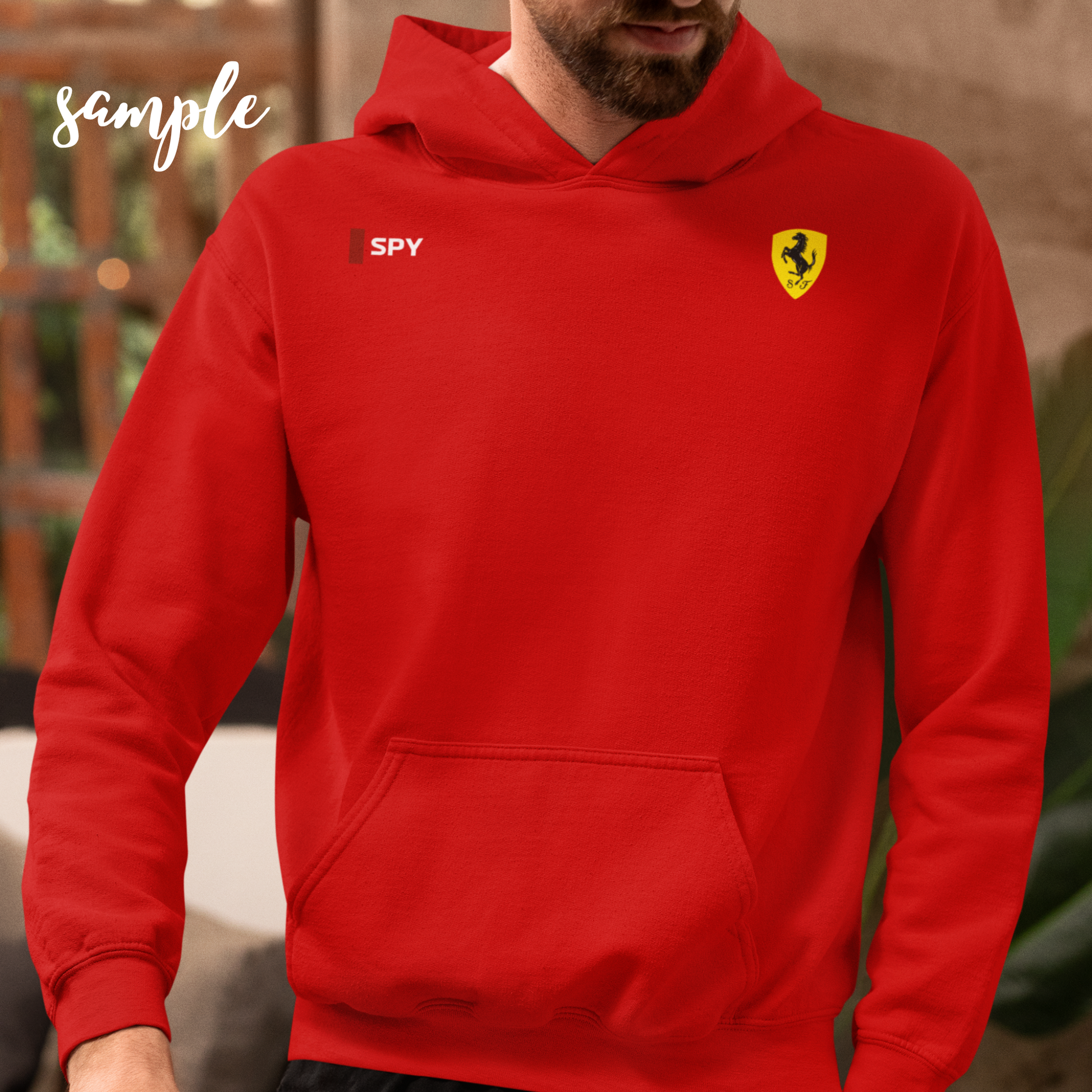 Rosso red racing-inspired hoodie with a motorsport aesthetic, custom initials, and heavyweight comfort. Perfect for Grand Prix fans and speed enthusiasts.