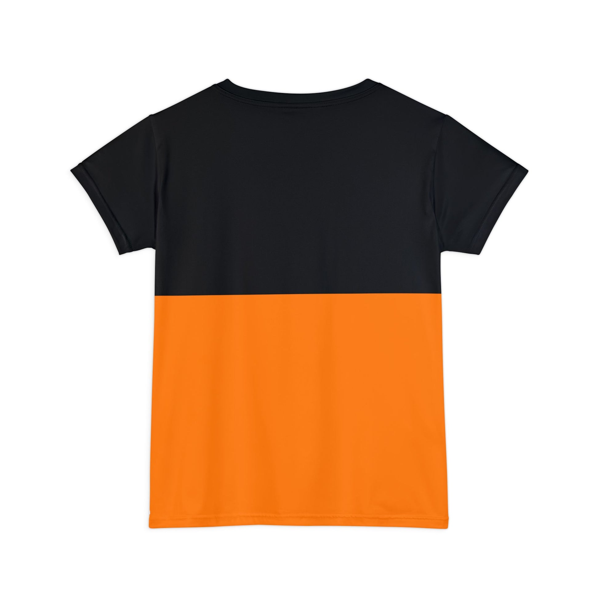 Papaya orange racing-inspired women's shirt with a futuristic 2025 livery design. Perfect for motorsport fans and racing enthusiasts.