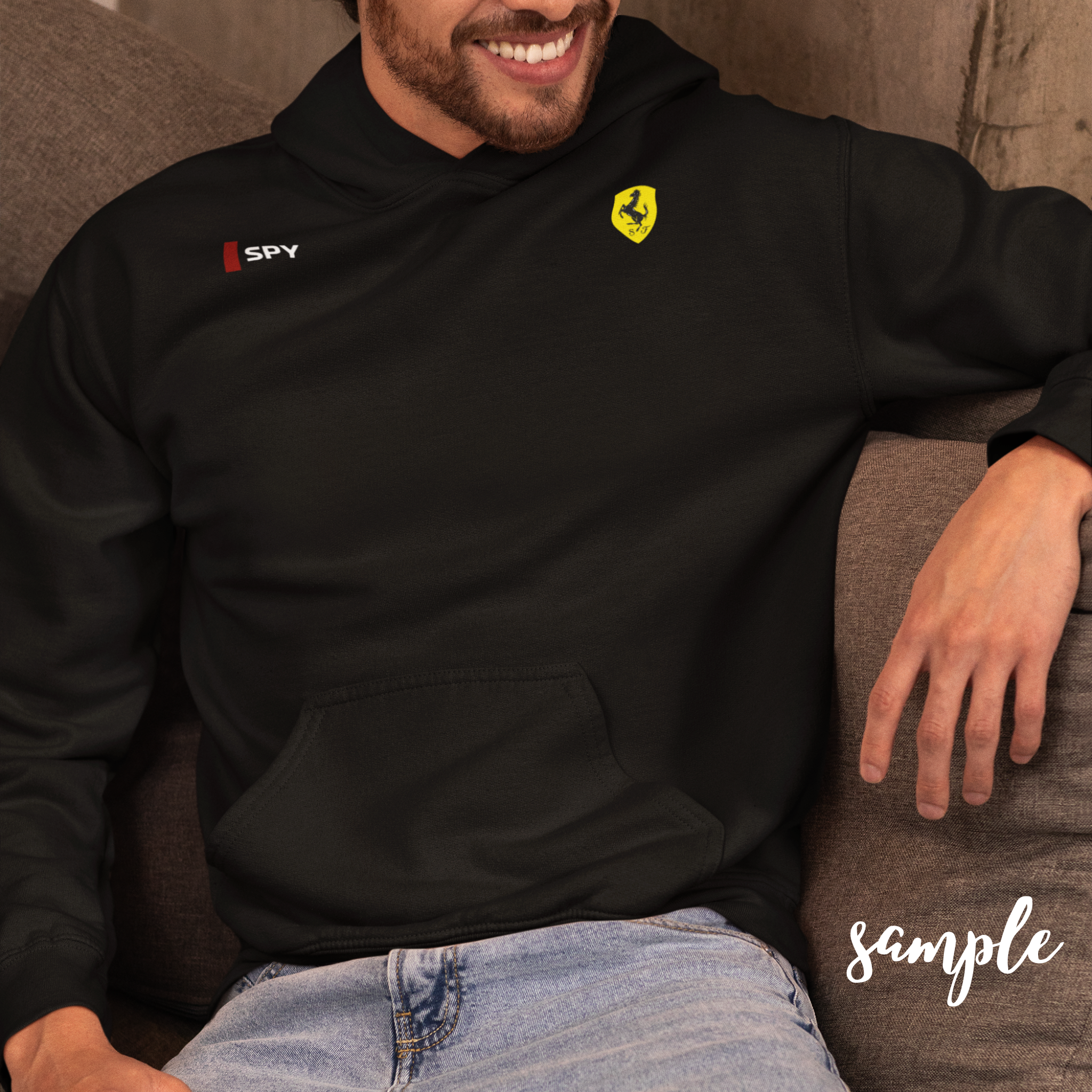 Rosso red racing-inspired hoodie with a motorsport aesthetic, custom initials, and heavyweight comfort. Perfect for Grand Prix fans and speed enthusiasts.