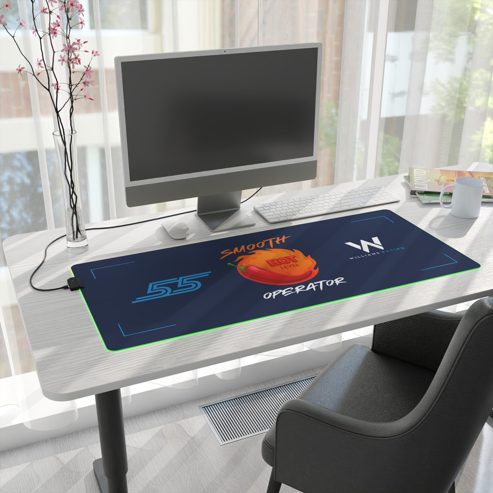 Red and white racing-inspired gaming mouse pad with smooth finish and bold motorsport design. Perfect for F1 fans and sim racers.