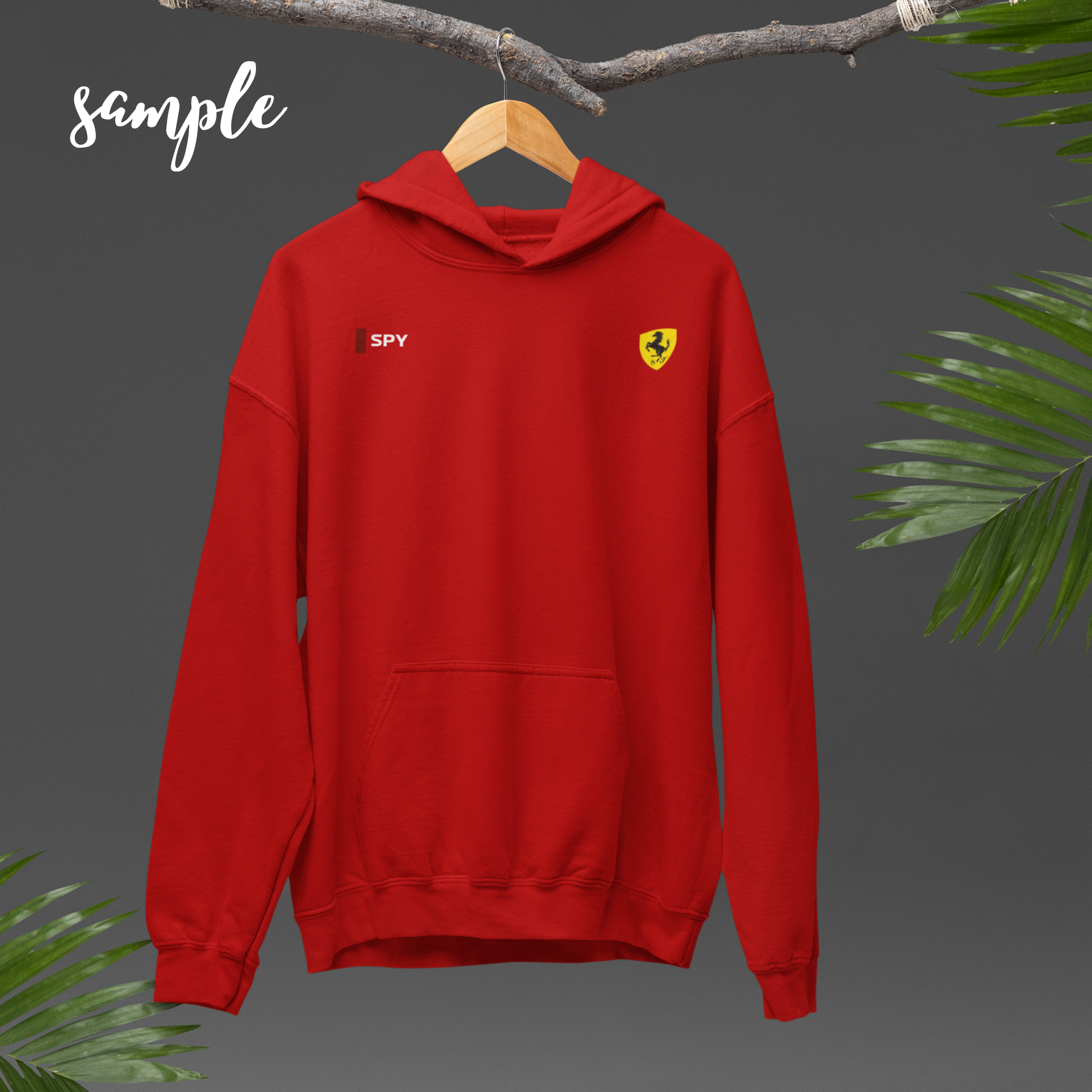 Rosso red racing-inspired hoodie with a motorsport aesthetic, custom initials, and heavyweight comfort. Perfect for Grand Prix fans and speed enthusiasts.