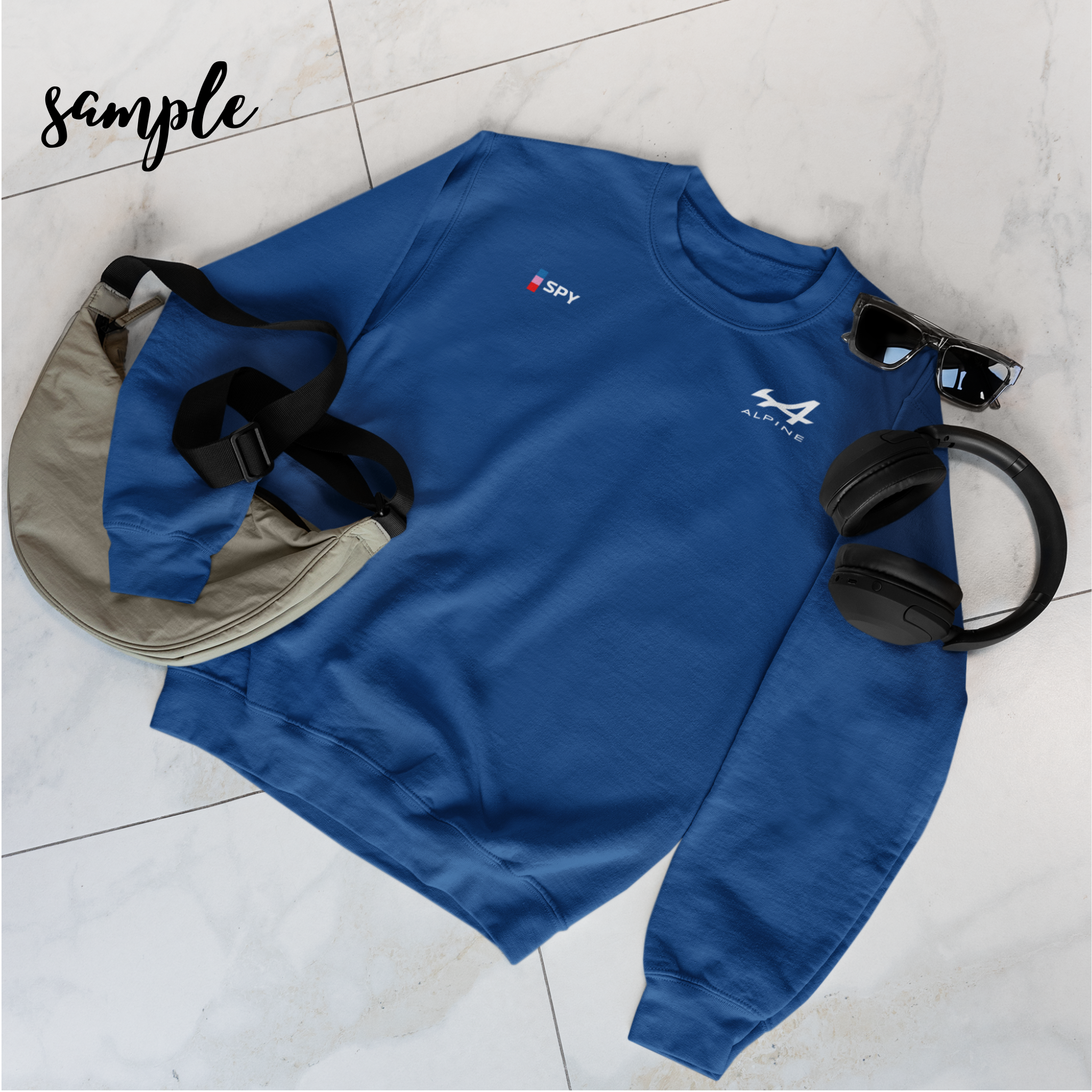 Blue racing-inspired unisex crewneck sweatshirt with a sleek Grand Prix aesthetic and custom initials option. Ideal for motorsport fans.