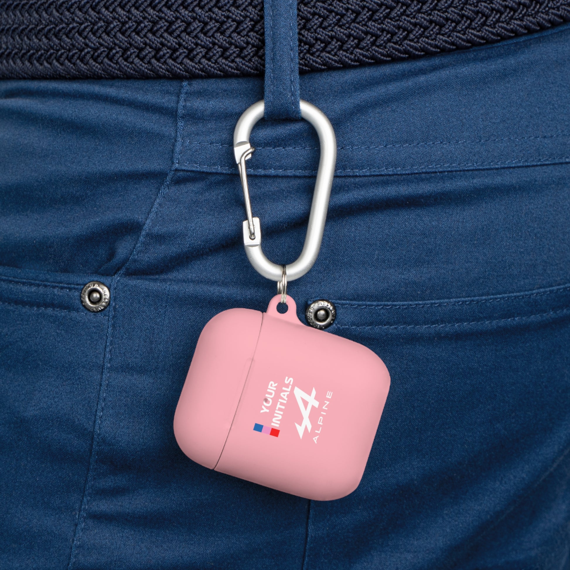 Blue and pink racing-inspired AirPods case with a sleek Grand Prix aesthetic and custom initials option. Ideal for motorsport fans.