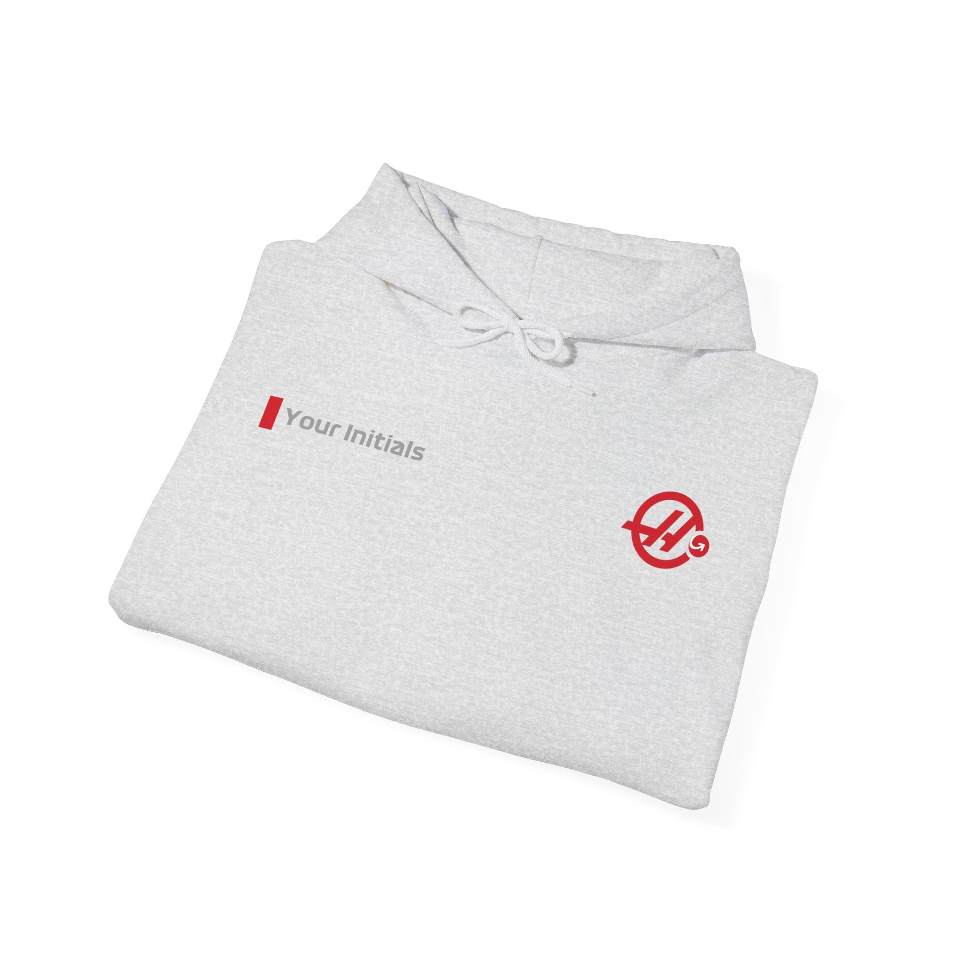 White and red racing-inspired unisex hoodie with a sleek Grand Prix aesthetic and custom initials option. Ideal for motorsport fans.