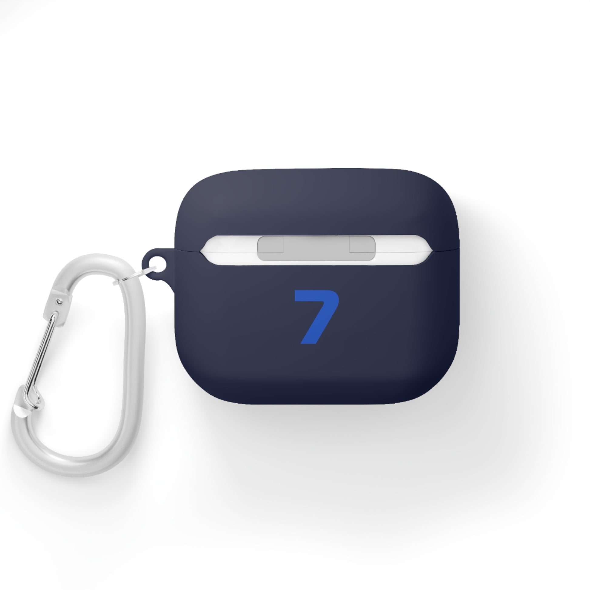 Blue and white racing-inspired AirPods case with a sleek Grand Prix aesthetic and custom initials option. Ideal for motorsport fans.