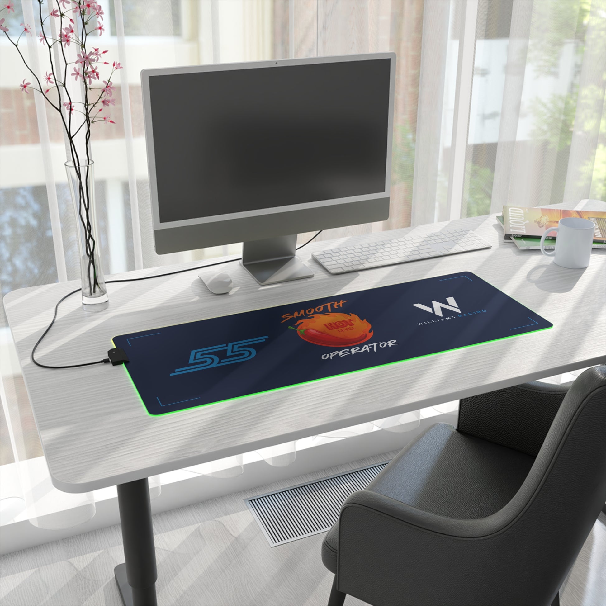 Red and white racing-inspired gaming mouse pad with smooth finish and bold motorsport design. Perfect for F1 fans and sim racers.