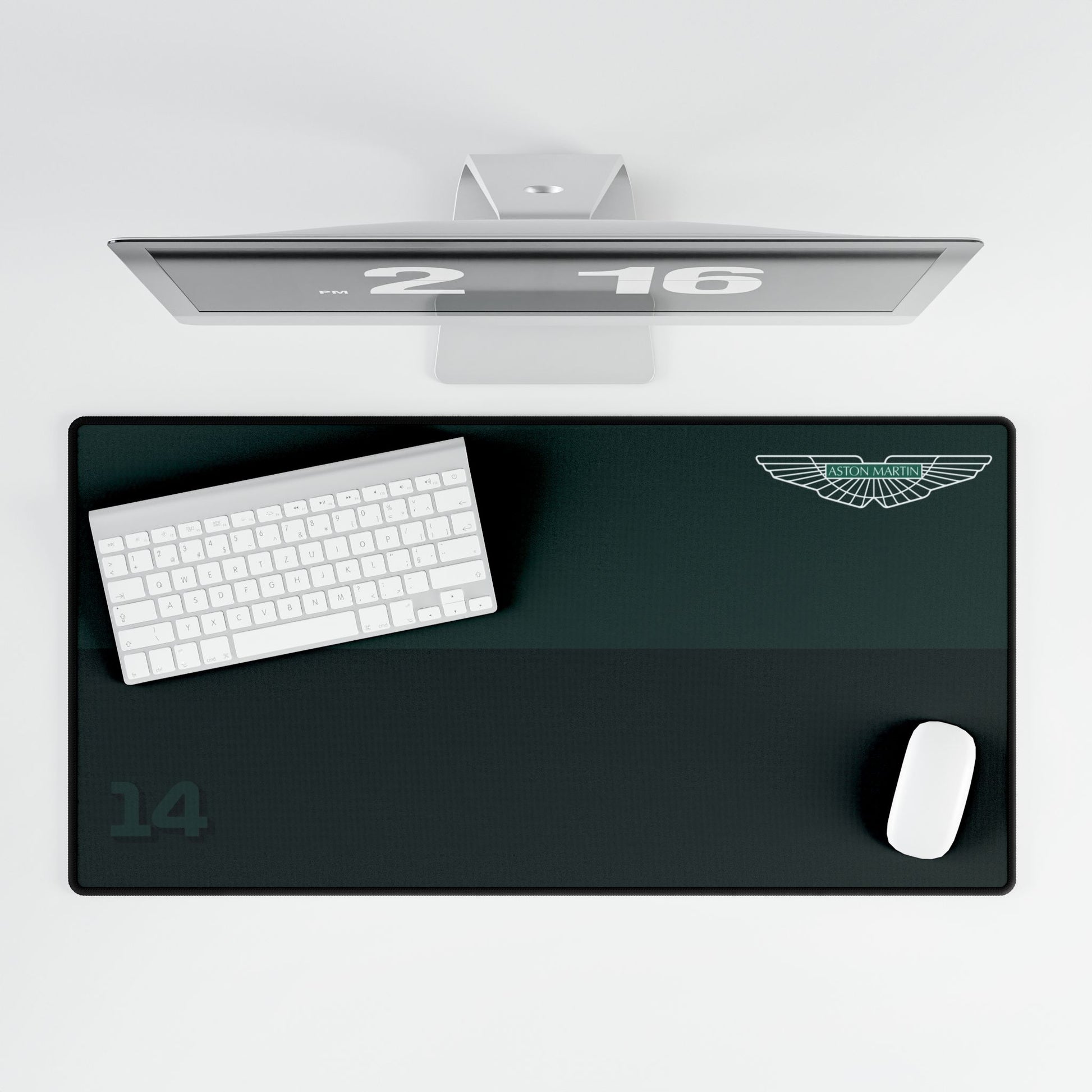 Green racing-inspired desk mat featuring a sleek Grand Prix aesthetic. Ideal for motorsport fans and home office setups.