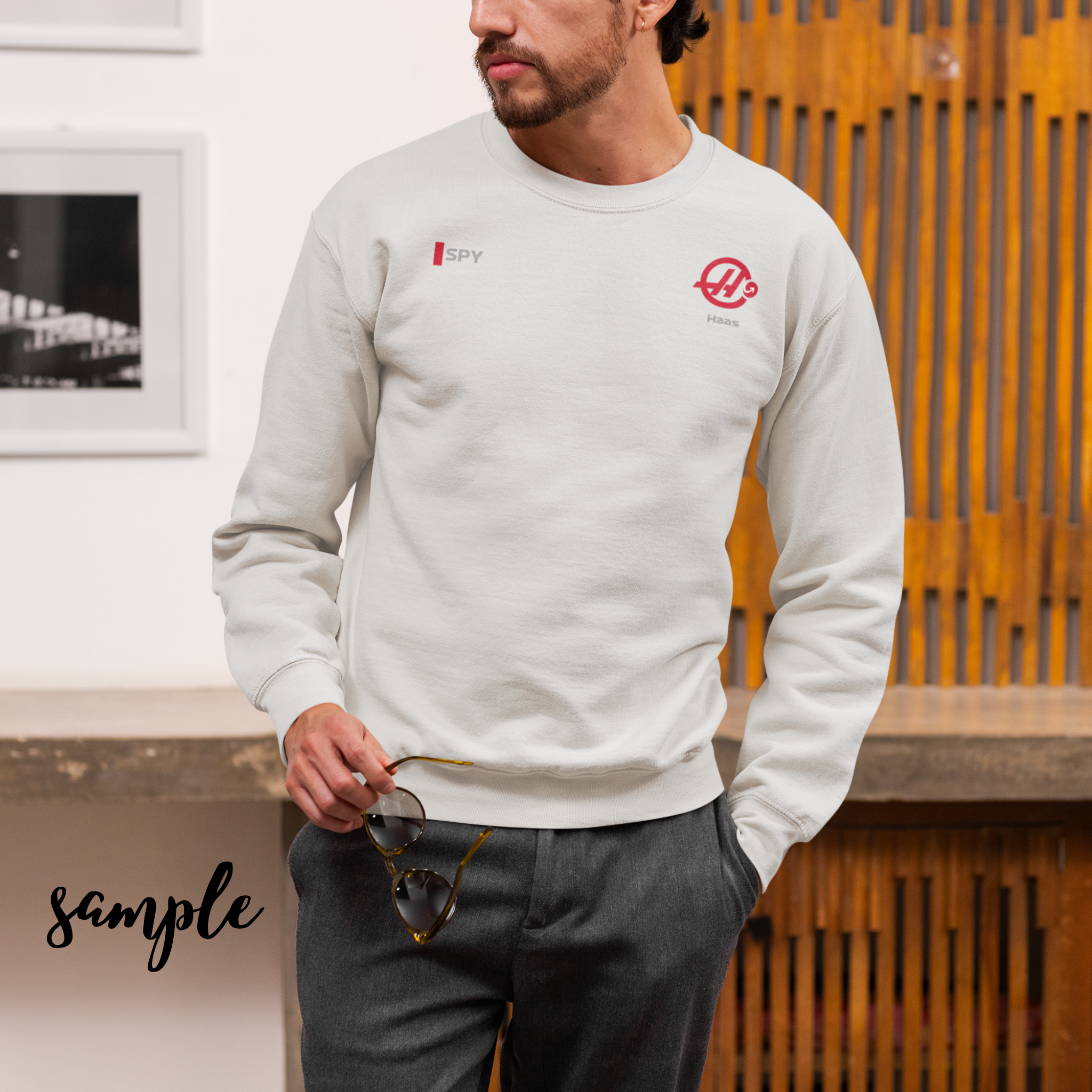 White and red racing-inspired unisex crewneck sweatshirt with a sleek Grand Prix aesthetic and custom initials option. Ideal for motorsport fans.