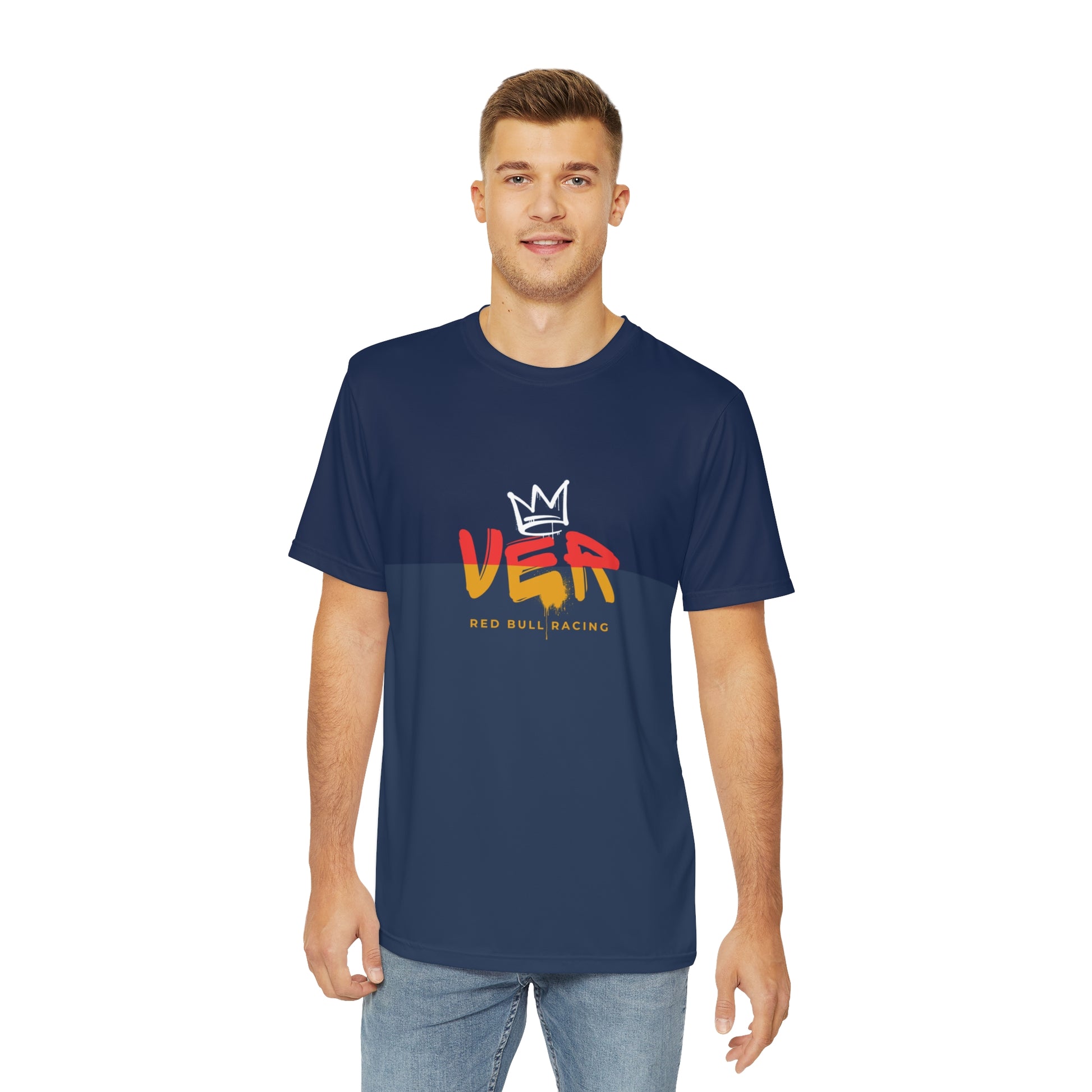 Red and navy racing-inspired men's shirt with a futuristic 2025 livery design. Perfect for motorsport fans and racing enthusiasts.