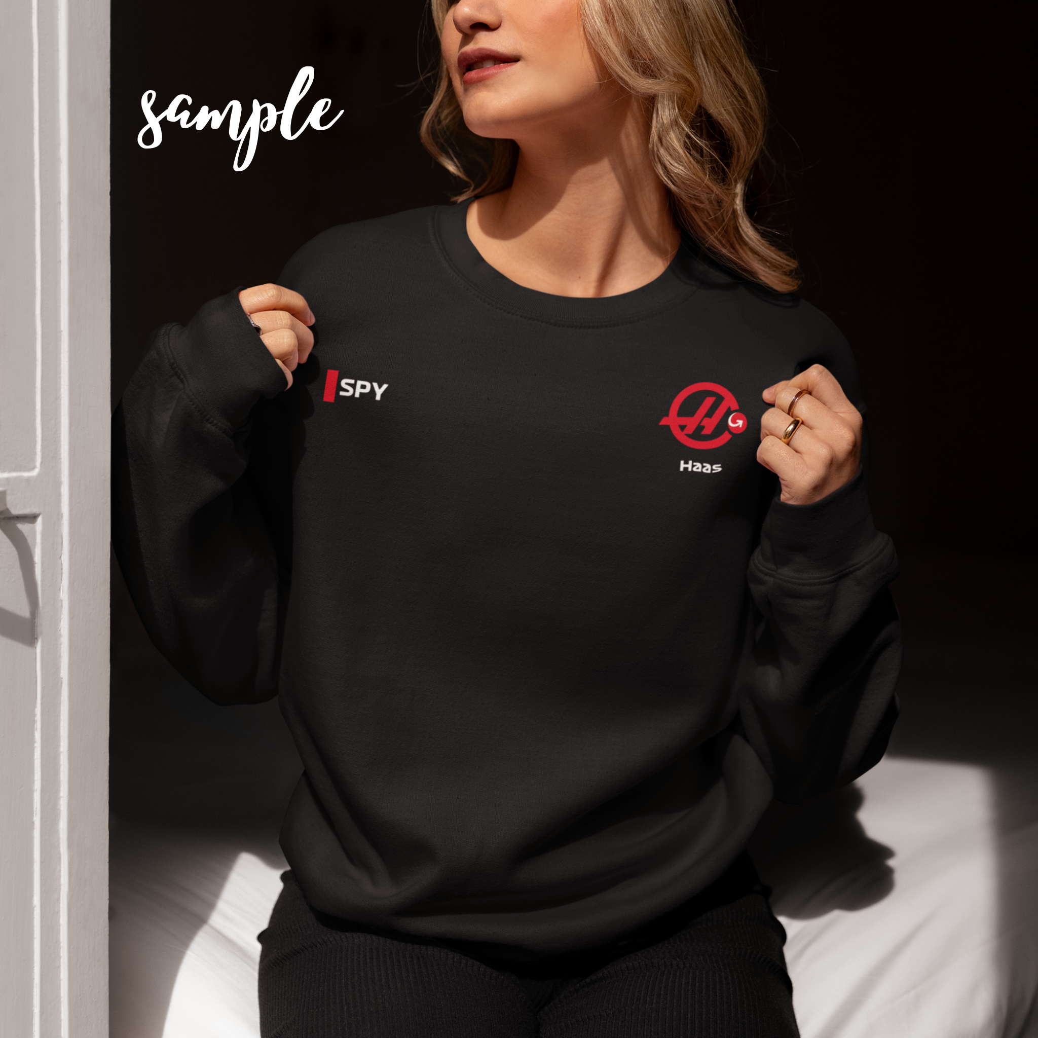 White and red racing-inspired unisex crewneck sweatshirt with a sleek Grand Prix aesthetic and custom initials option. Ideal for motorsport fans.