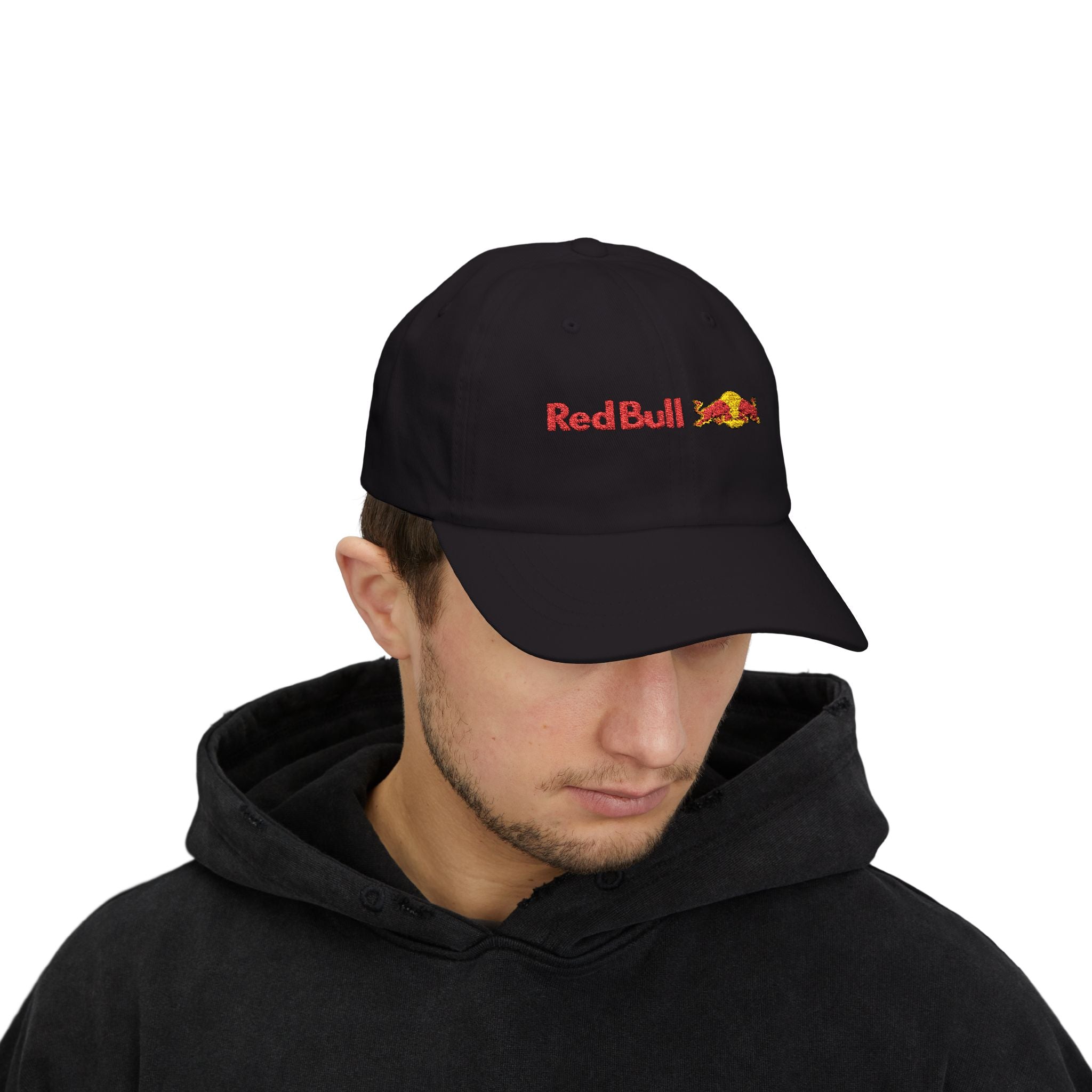 Red and navy racing-inspired embroidered cap with a curved brim. Perfect for motorsport fans and race-day outfits.