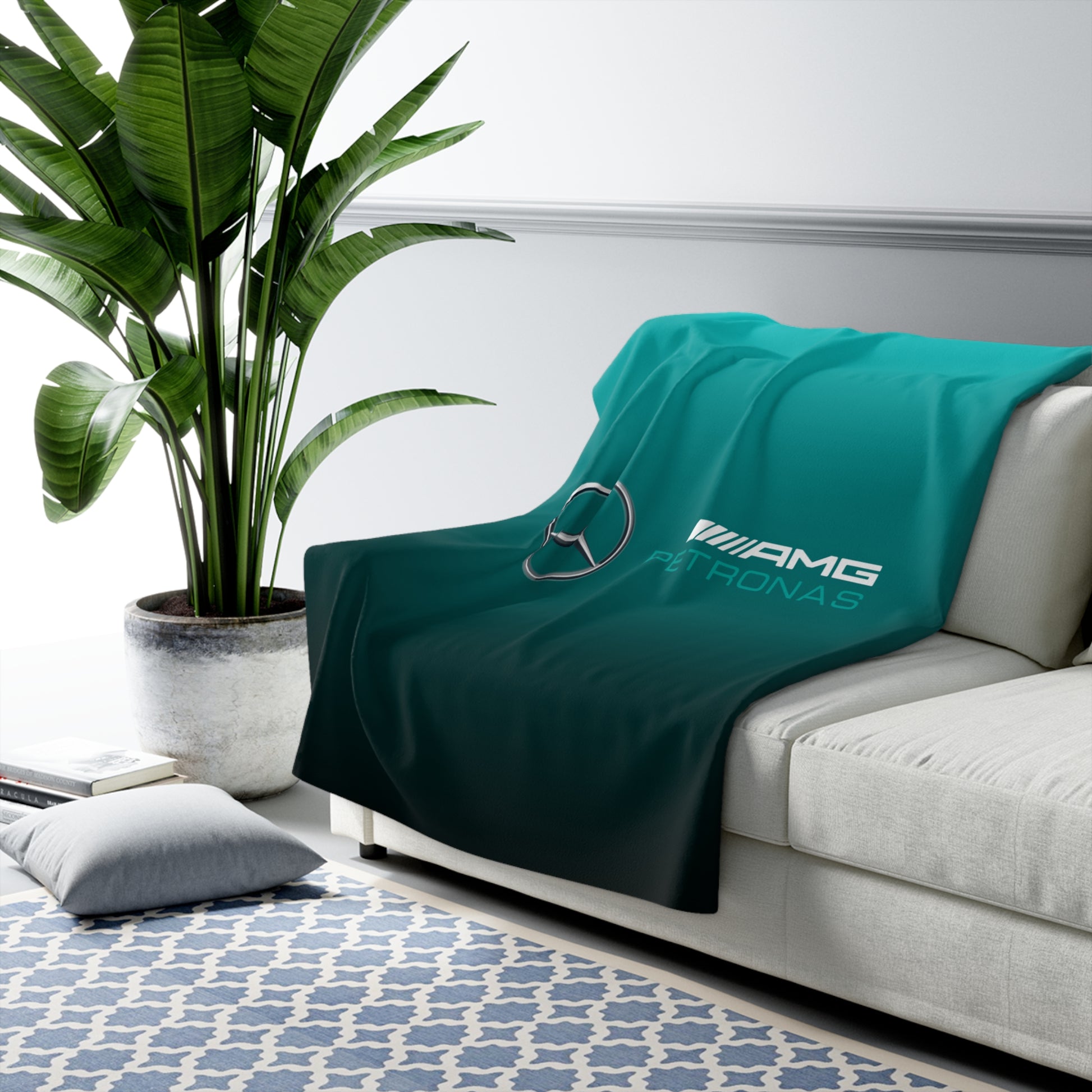 Silver and black racing-inspired sherpa fleece blanket with a soft interior and sleek motorsport design. Inspired by racing precision.