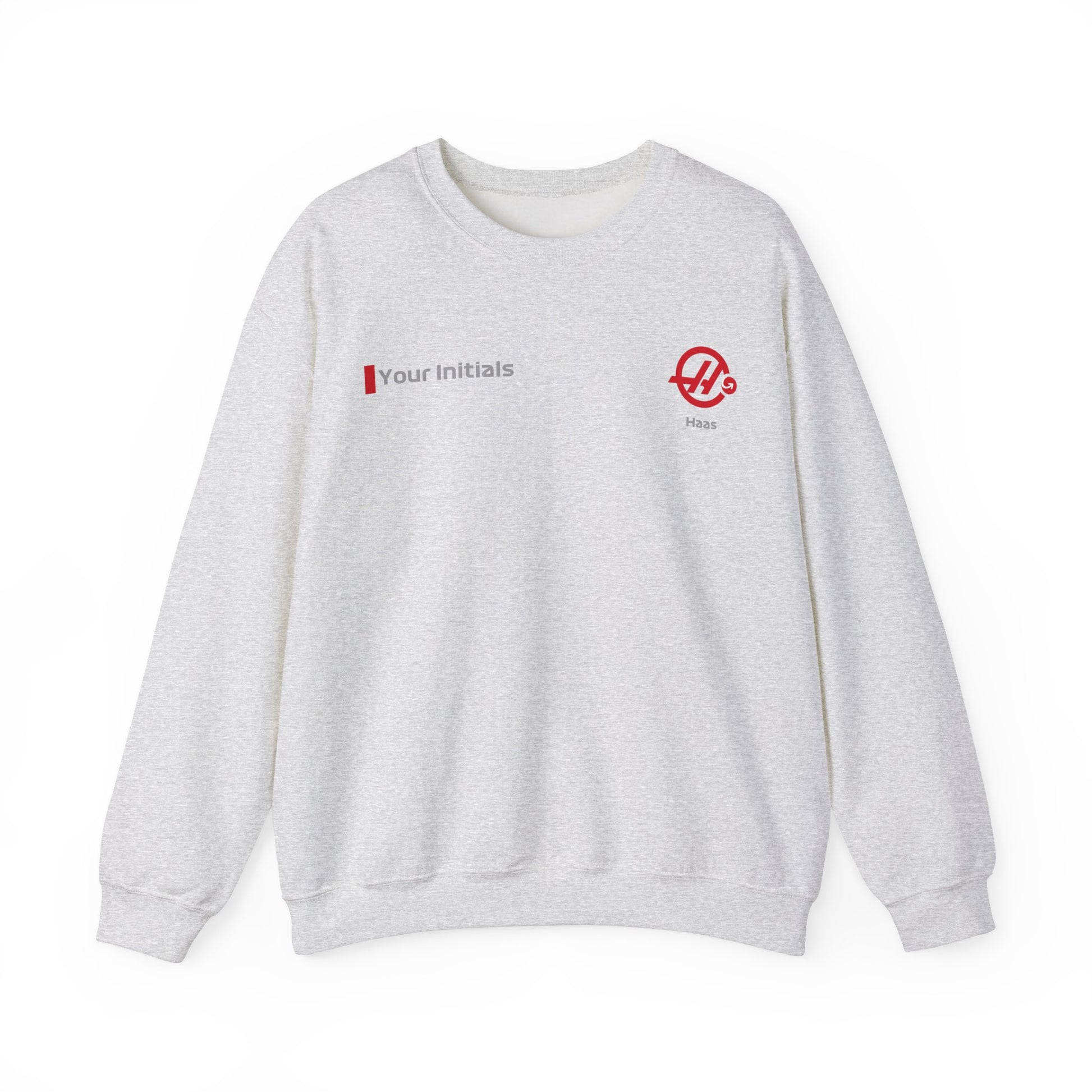 White and red racing-inspired unisex crewneck sweatshirt with a sleek Grand Prix aesthetic and custom initials option. Ideal for motorsport fans.