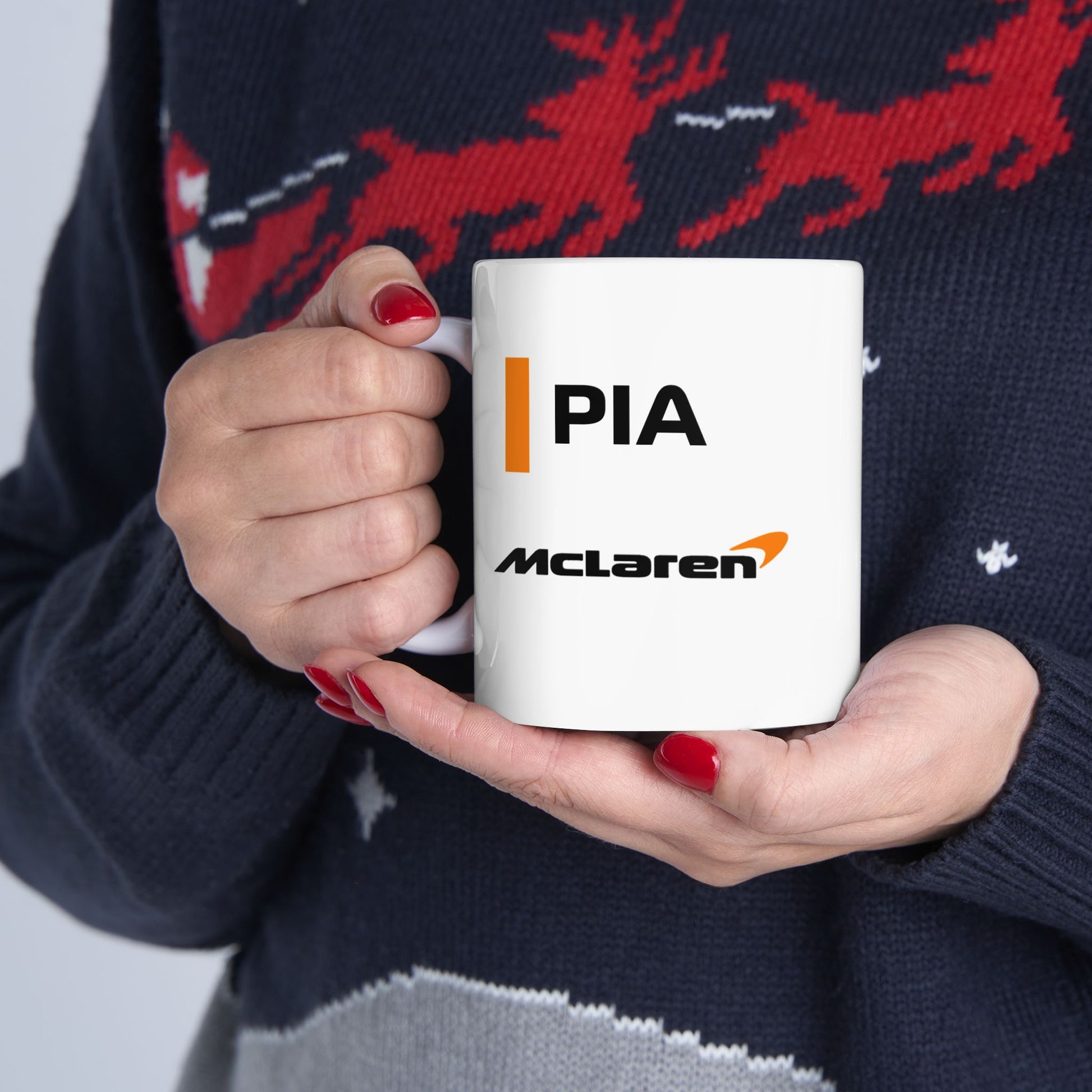 Papaya orange racing-inspired ceramic mug with an Australian speed theme. Perfect for motorsport fans and Grand Prix enthusiasts. Available in 11oz & 15oz sizes