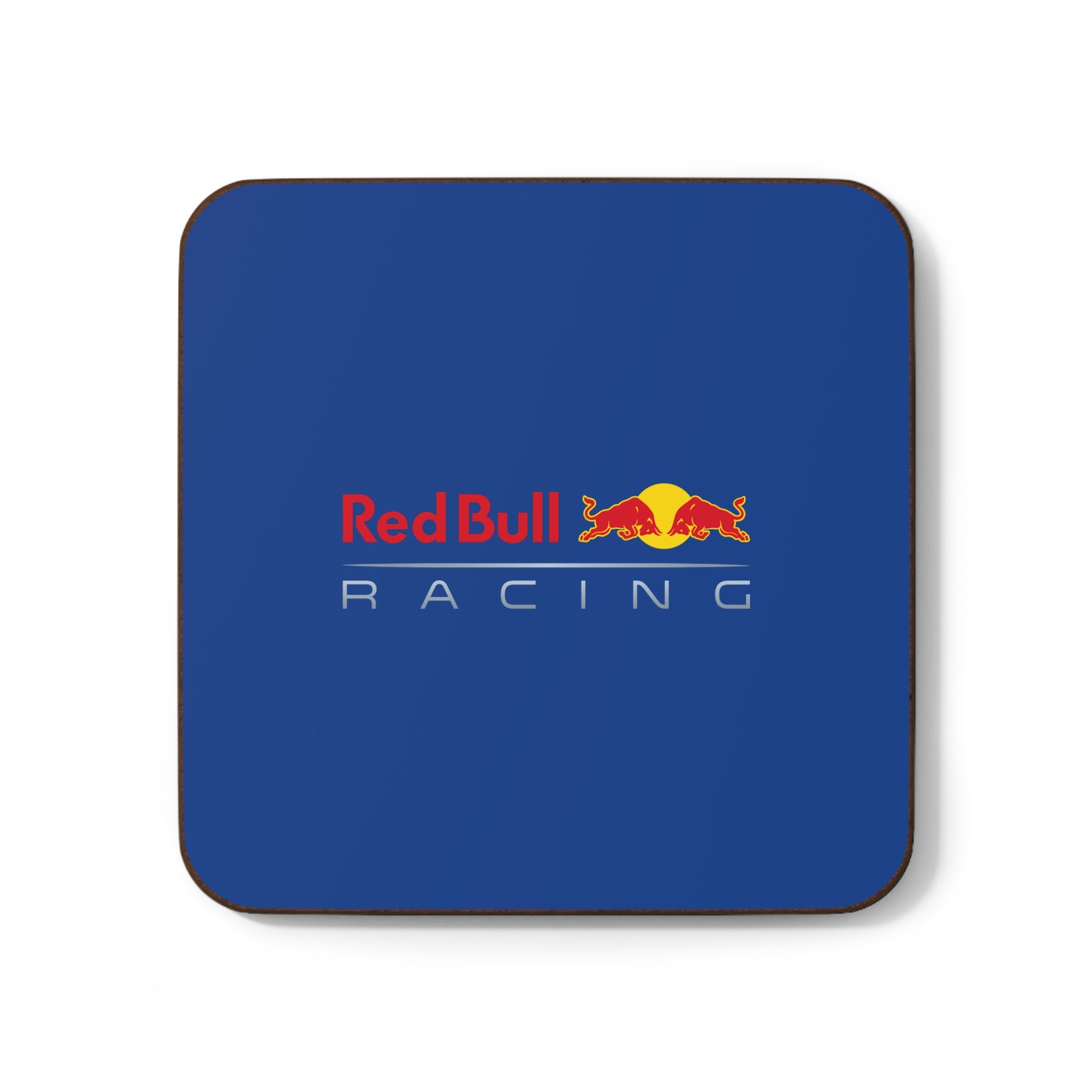 Red and navy racing-inspired mug coaster with a hardboard back. Perfect for motorsport fans and coffee lovers.