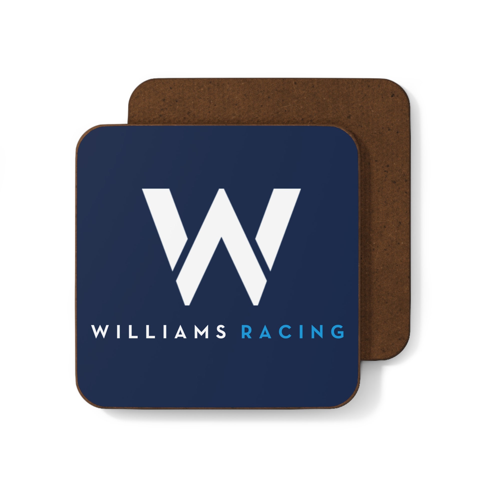 Blue racing-inspired mug coaster with a hardboard back. Perfect for motorsport fans and coffee lovers.