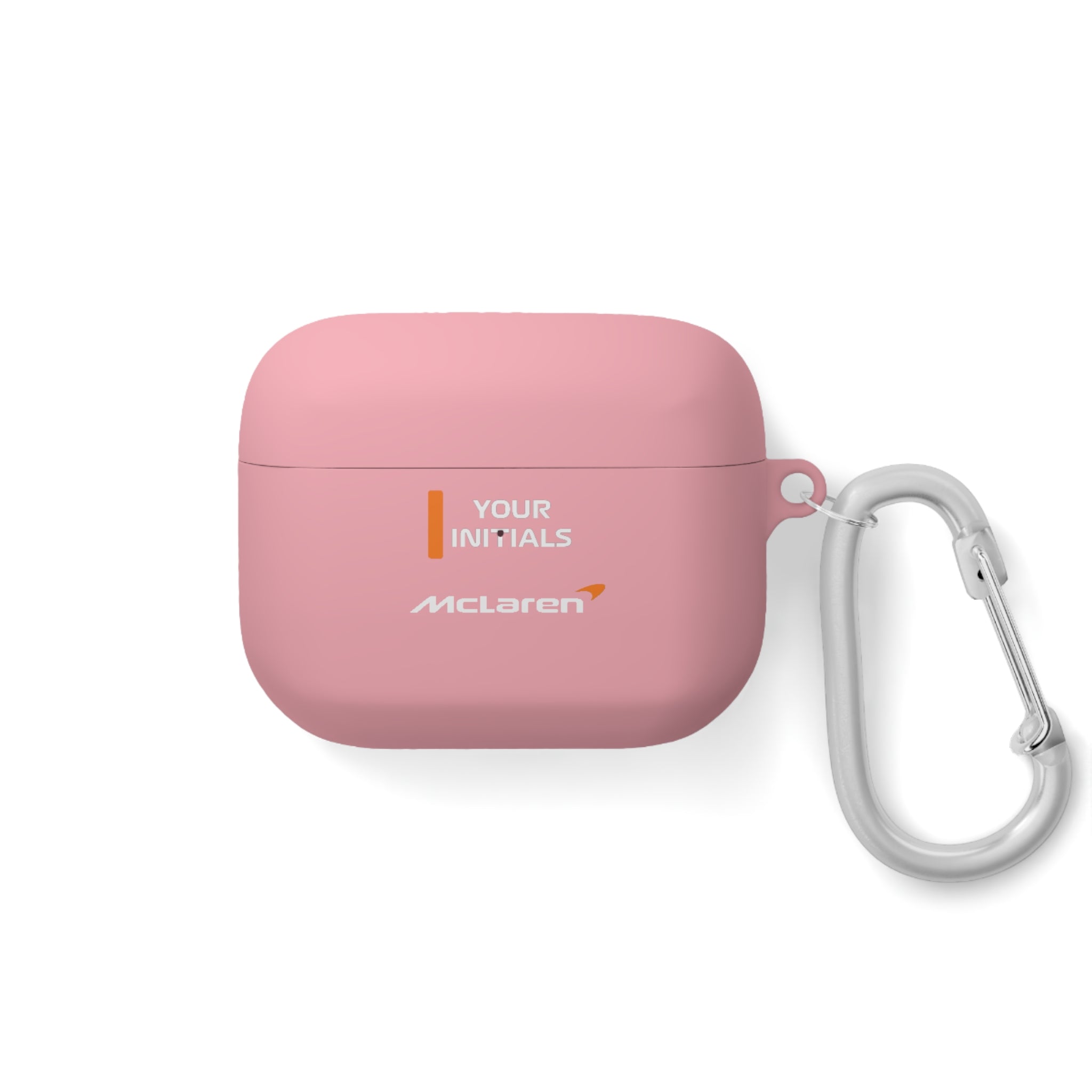 Papaya Orange racing-inspired AirPods case with shockproof protection, perfect for motorsport enthusiasts and Grand Prix fans. Custom initials option available.